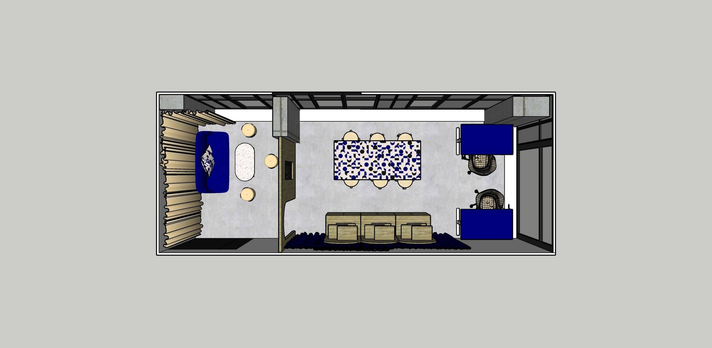 Bird’s-eye 3D render of bespoke office interior, showing full collaborative layout and custom furniture design