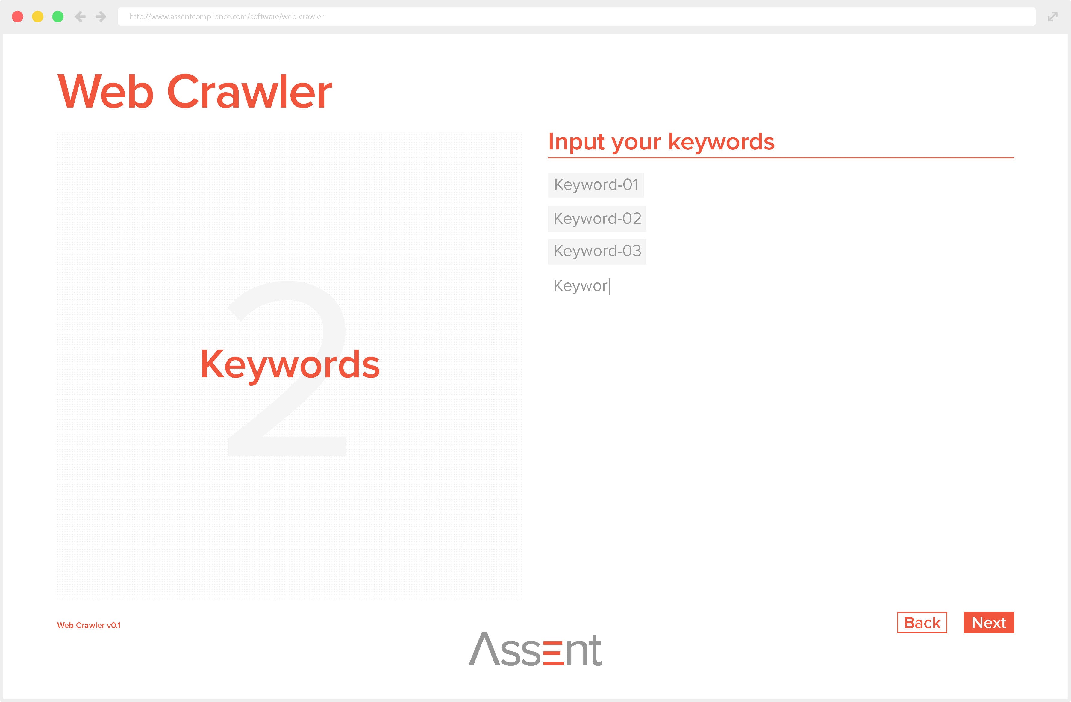 Screenshot of Assent Compliance’s web crawler interface, step 2, where users input keywords, with a large 'Keywords' label on the left and text fields on the right.