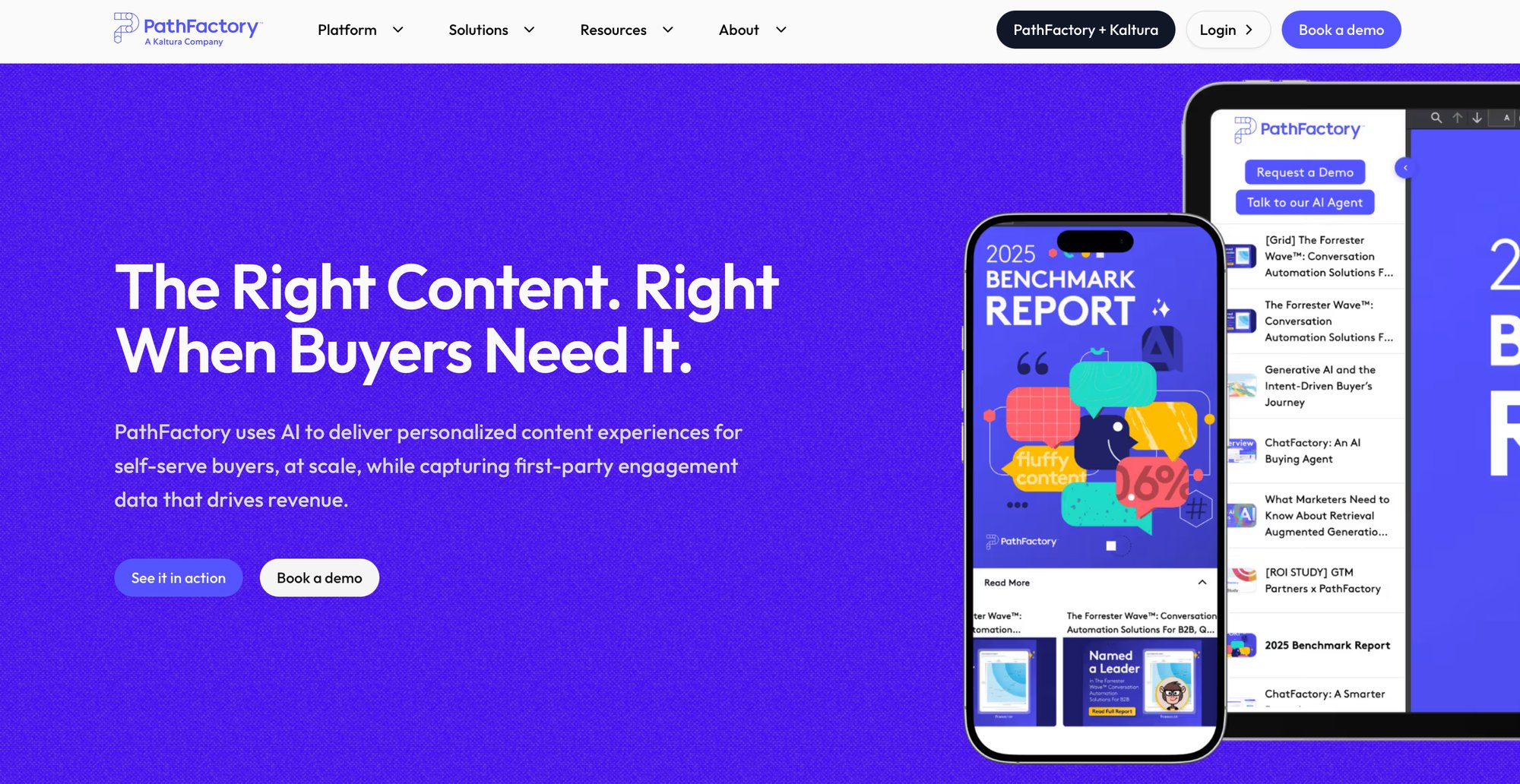 PathFactory website homepage displaying AI-driven personalized content and a 2025 Benchmark Report.