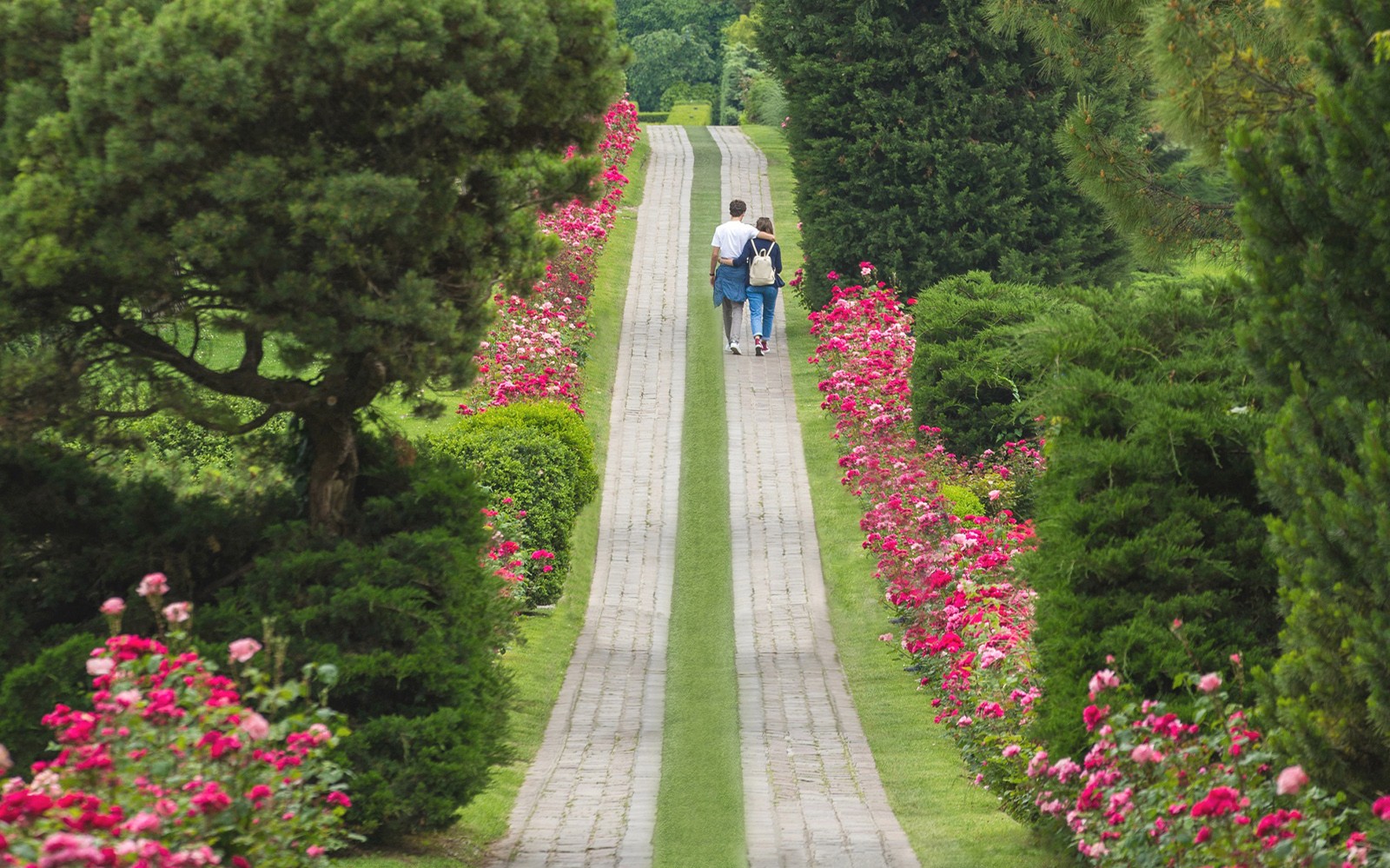 Pár procházející květinovou cestou v Parco Giardino Sigurtà, Itálie.