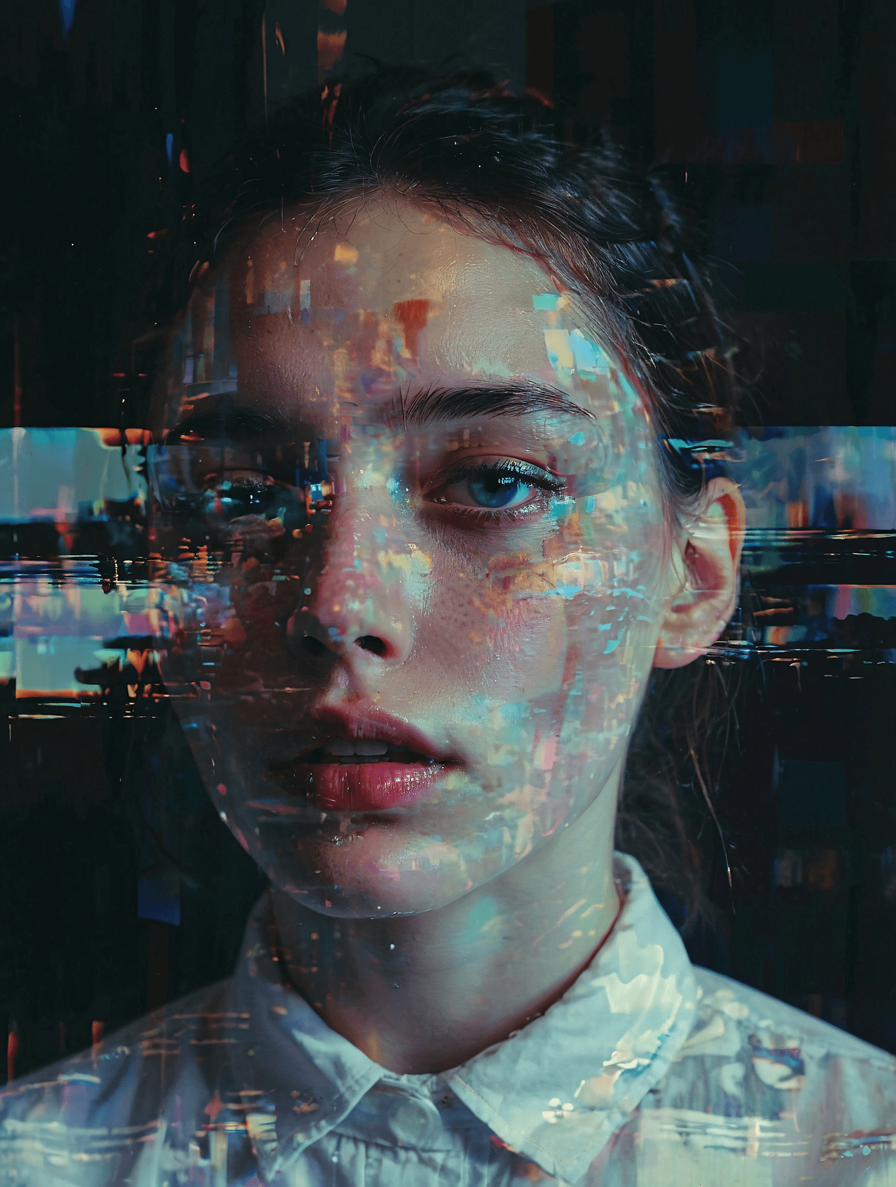 A close-up of a young woman with a digital glitch overlay, blending natural beauty with a futuristic, cyberpunk aesthetic.