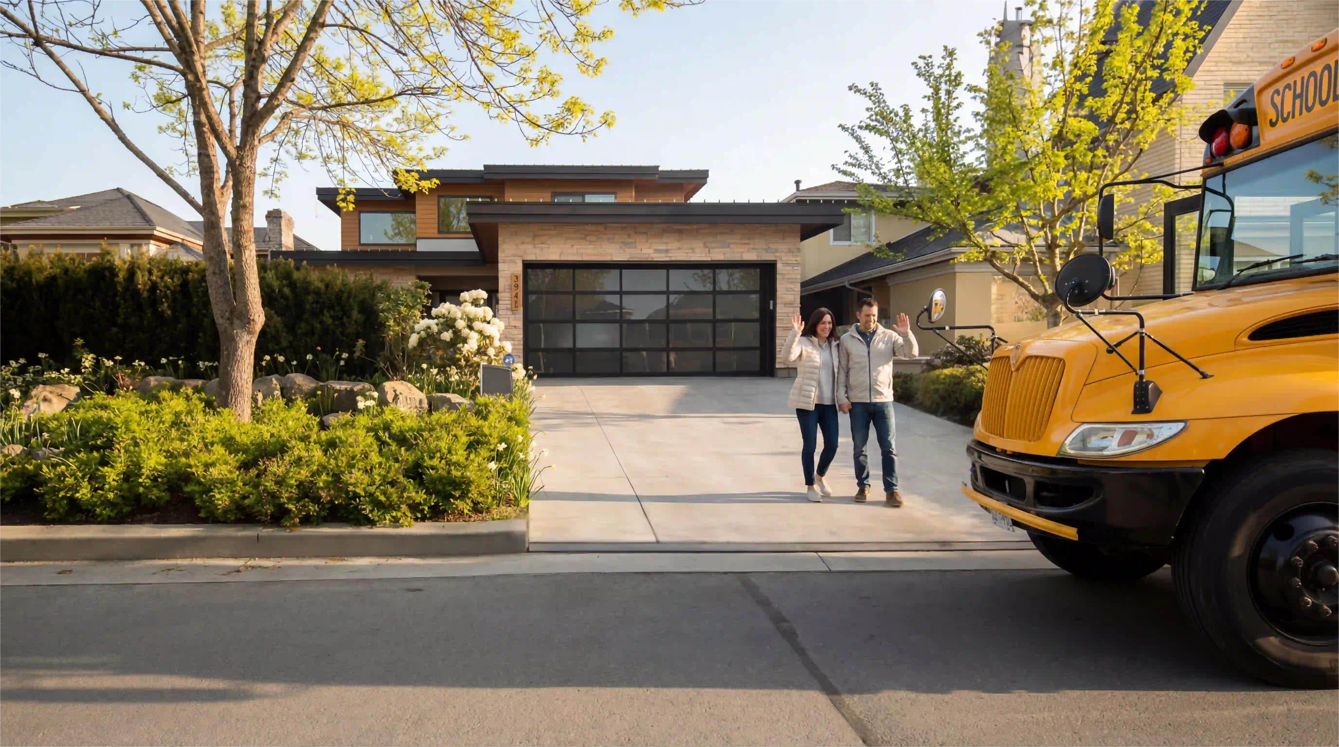 Couple standing outside their completed custom home on move-in day