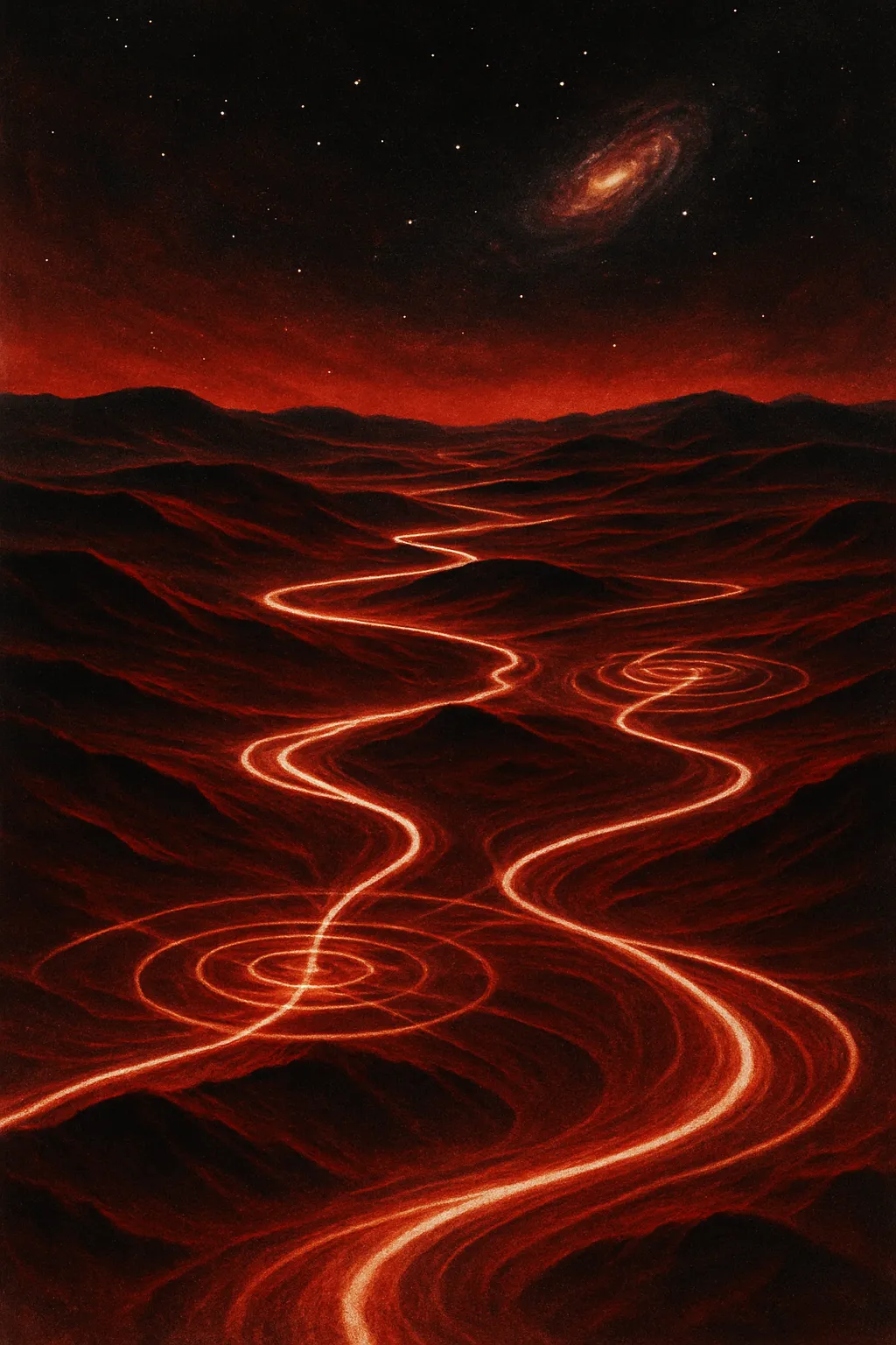 Fiery landscape with cosmic spiral, symbolizing RockN' Socials Digital Marketing.