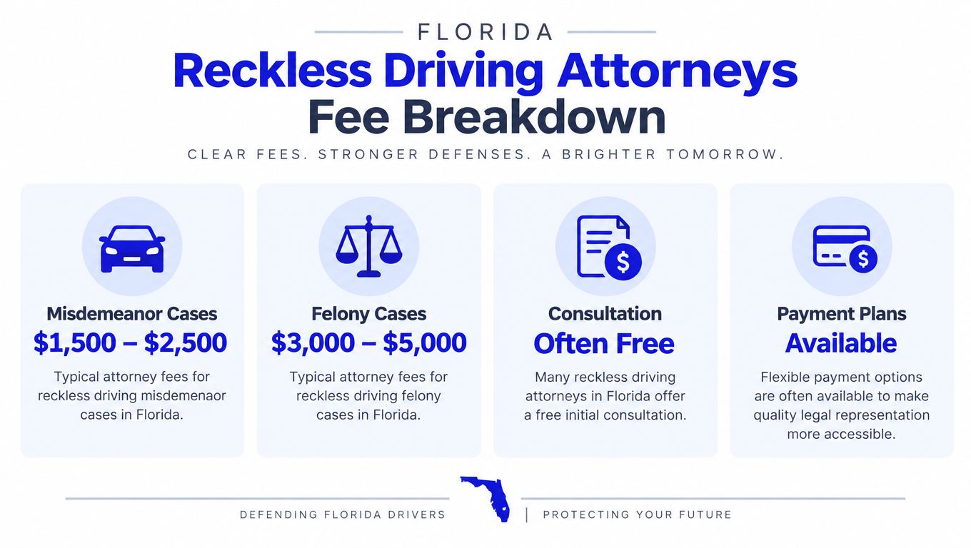 An infographic showing the typical attorney fee ranges for reckless driving misdemeanor and felony cases in Florida.
