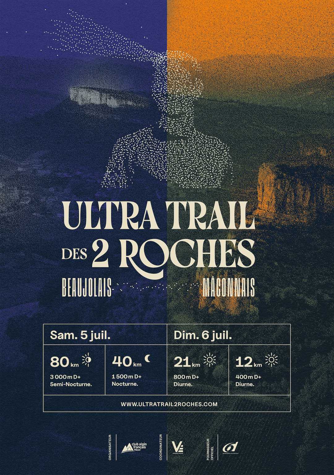Détails de l'affiche de l'Ultra Trail des 2 Roches. Avec une partie bleue sombre qui réprésente la nuit et une partie jaune/or qui représente le jour.