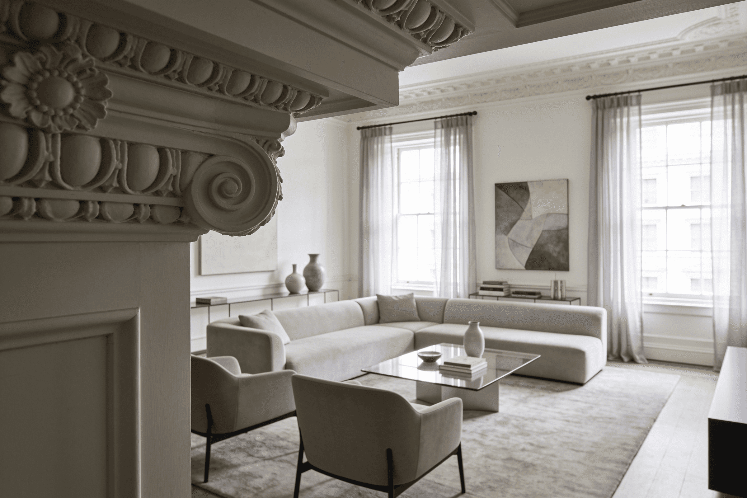 Elegant living room with neutral tones, featuring a sectional sofa, glass coffee table, and intricate architectural details.