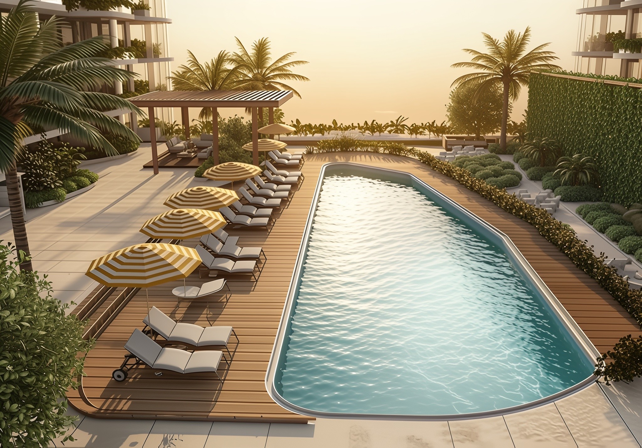 A serene pool surrounded by palm trees and lounge chairs, with radiant atrium towers in the background.