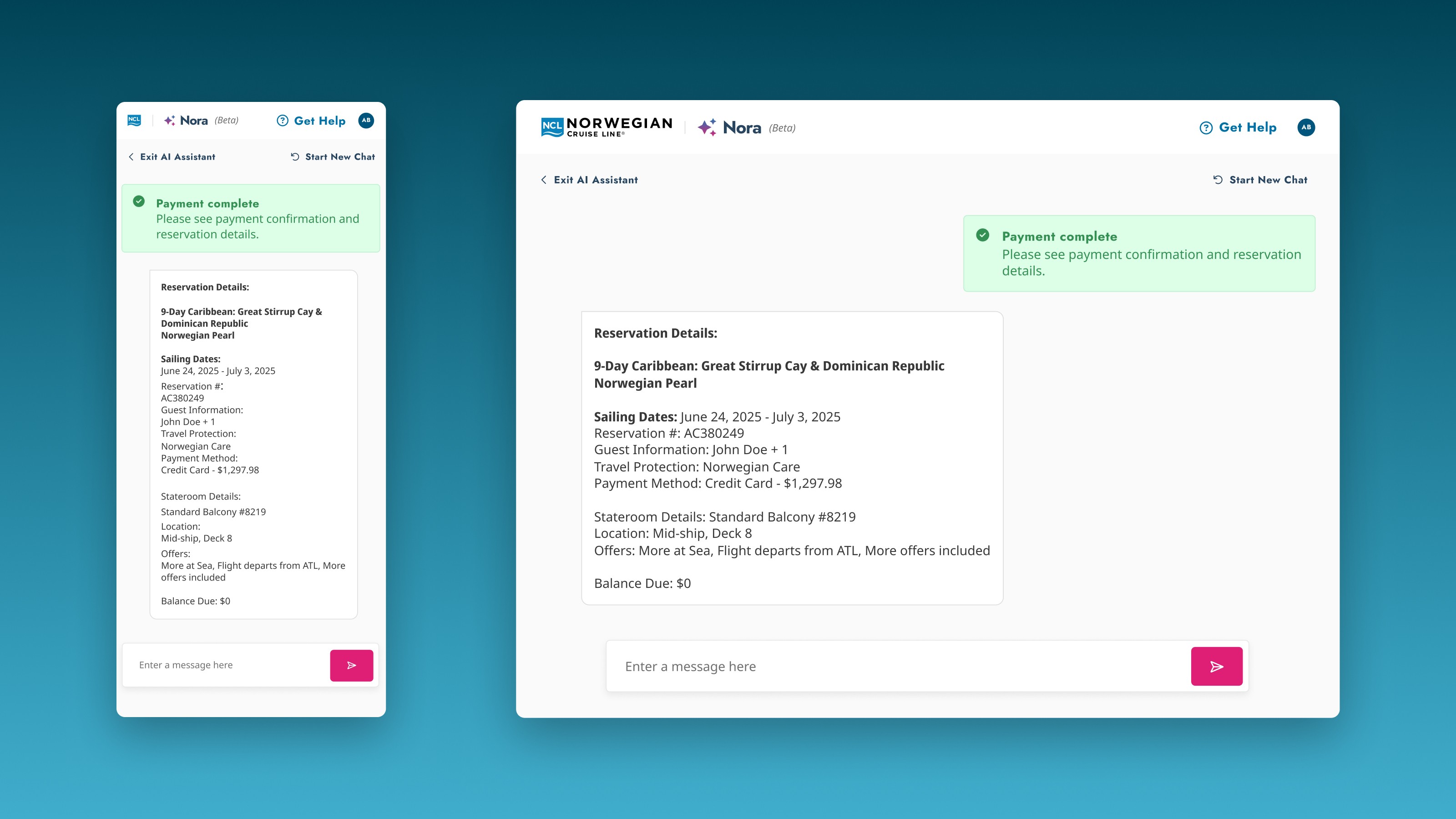 Payment complete — confirmation and full reservation details returned directly to the conversation. From question to paid, without ever leaving Nora.