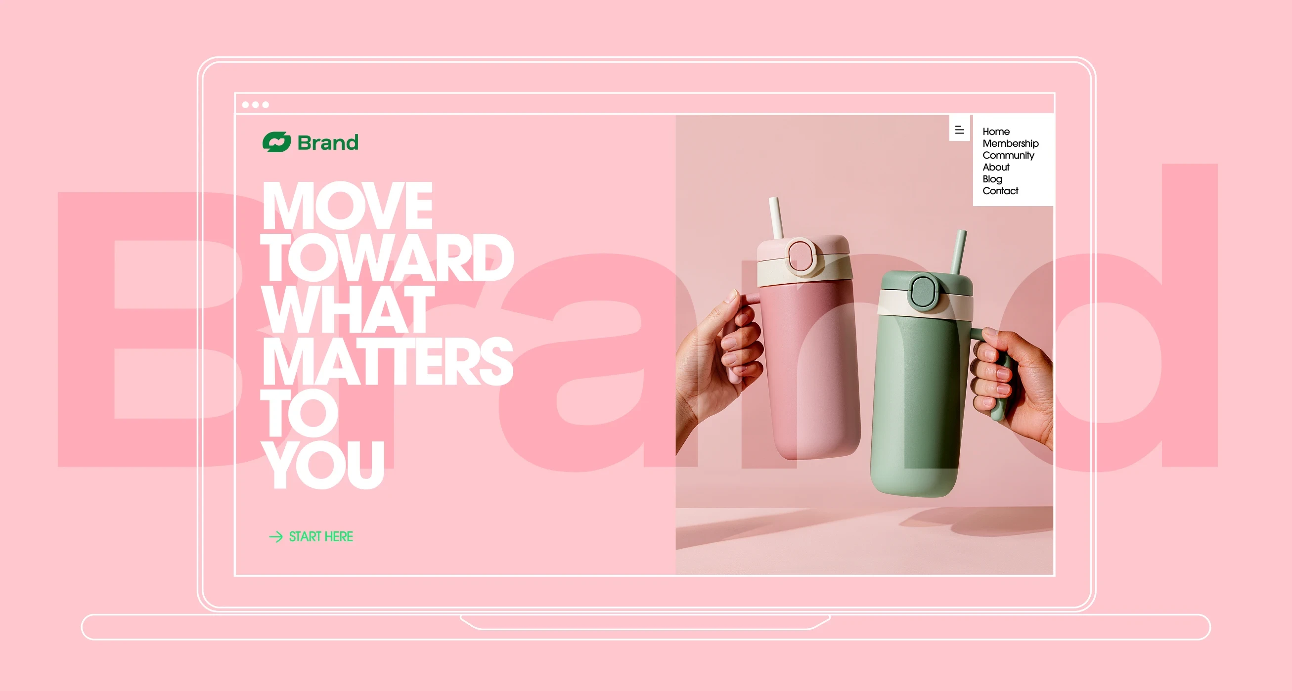 Two hands hold pink and green reusable bottles on a pink background.