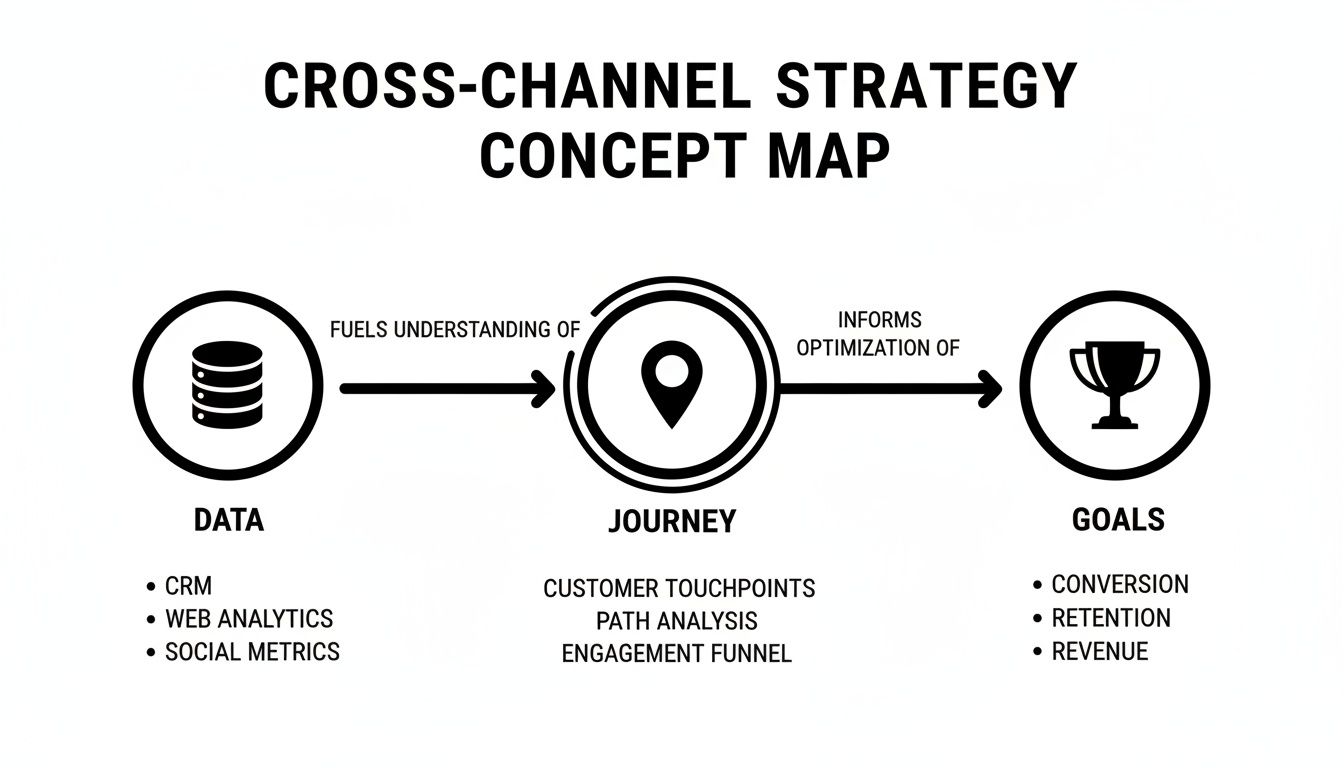 A concept map illustrating the cross-channel strategy flow from data to customer journey and business goals.