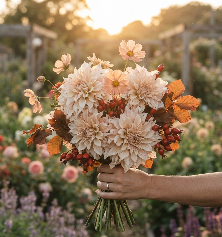 Dahlia Season, a hand-tied bouquet of café au lait dahlias, cosmos, rosehip and copper beech