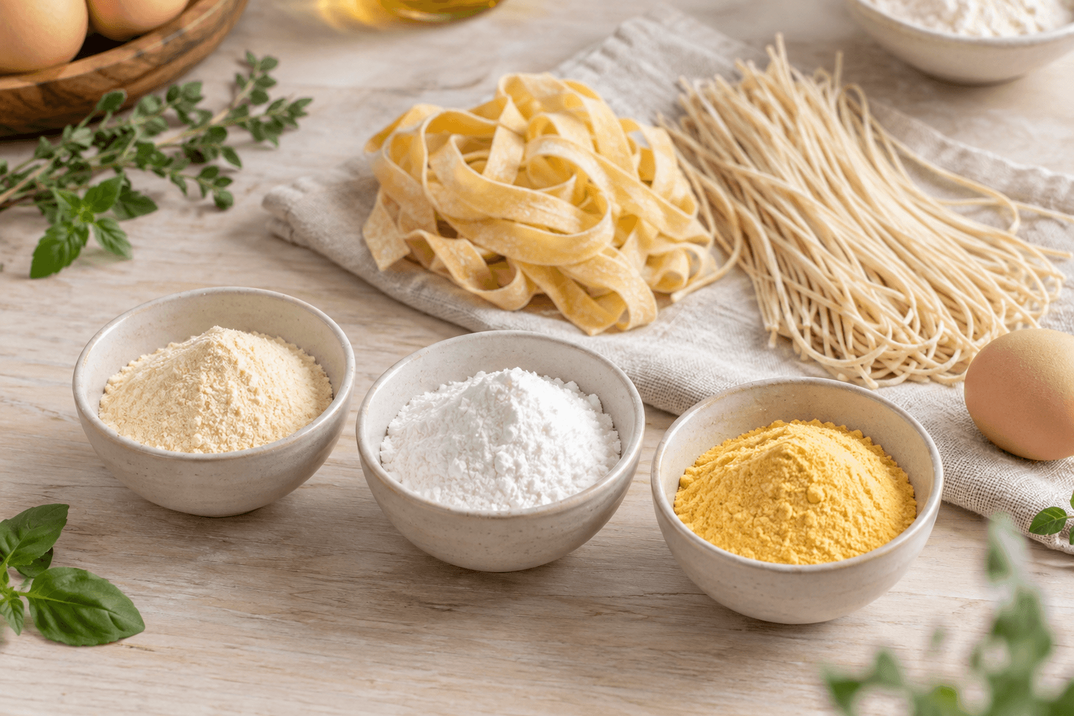Whole egg, egg white and egg yolk powders beside pasta ribbons and wheat noodles
