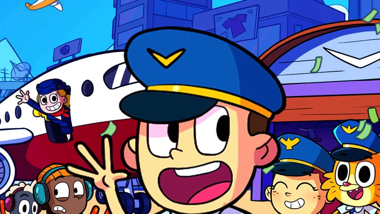 Smiling pilot at a busy cartoon airport.