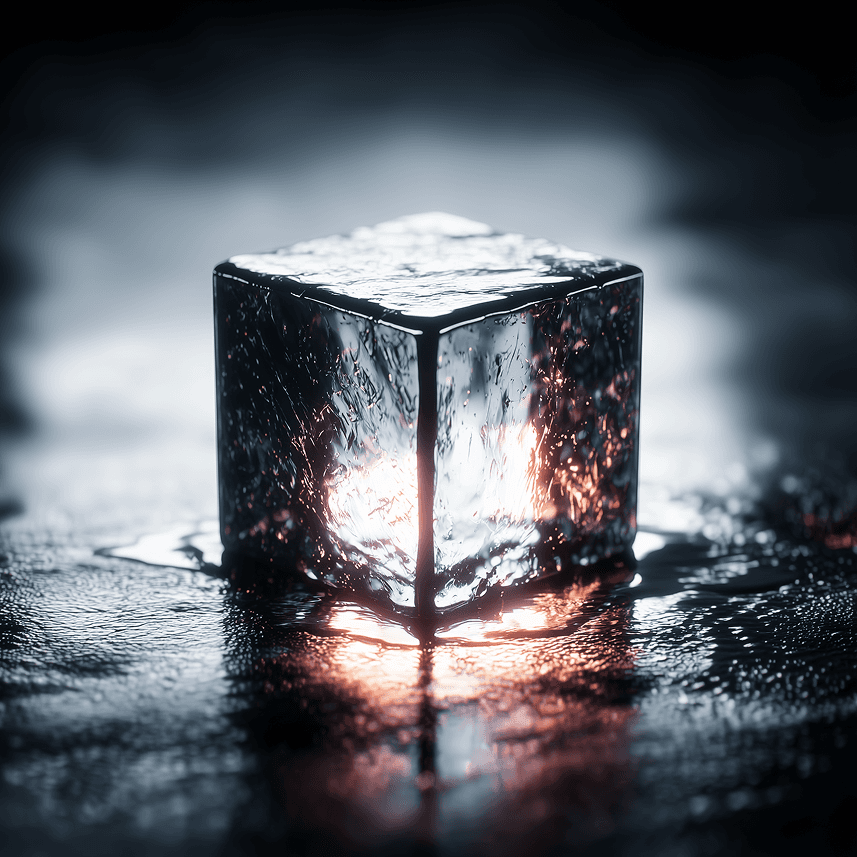 A close-up of a translucent cube illuminated by soft light, revealing its intricate facets and shimmering reflections.