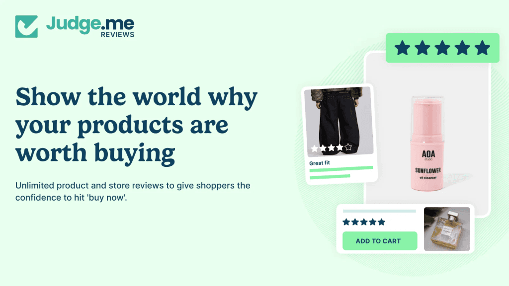 Banner von Judge.me mit Produktbewertungen, Sternebewertungen und In-den-Warenkorb-Button für Shopify-Shops