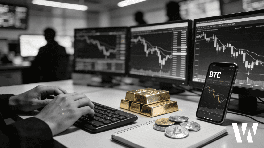 Black-and-white trading desk during a tech-led risk-off selloff, with falling candlestick charts on monitors, a BTC price drop on a smartphone, and gold bars and silver coins signaling a flight to safety after the Anthropic legal AI plugin shock.