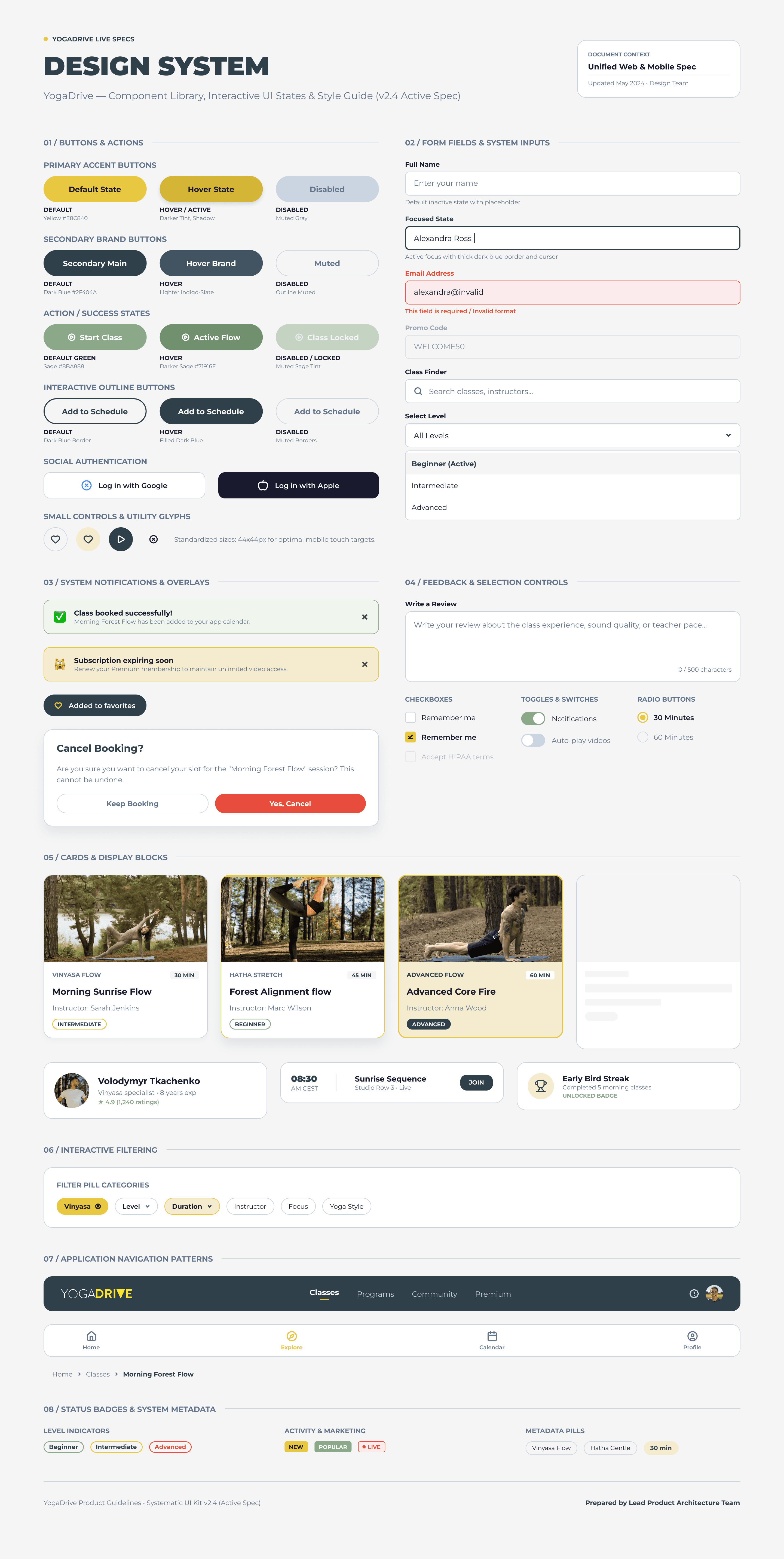 YogaDrive live design system documentation covering components, states, and interaction patterns