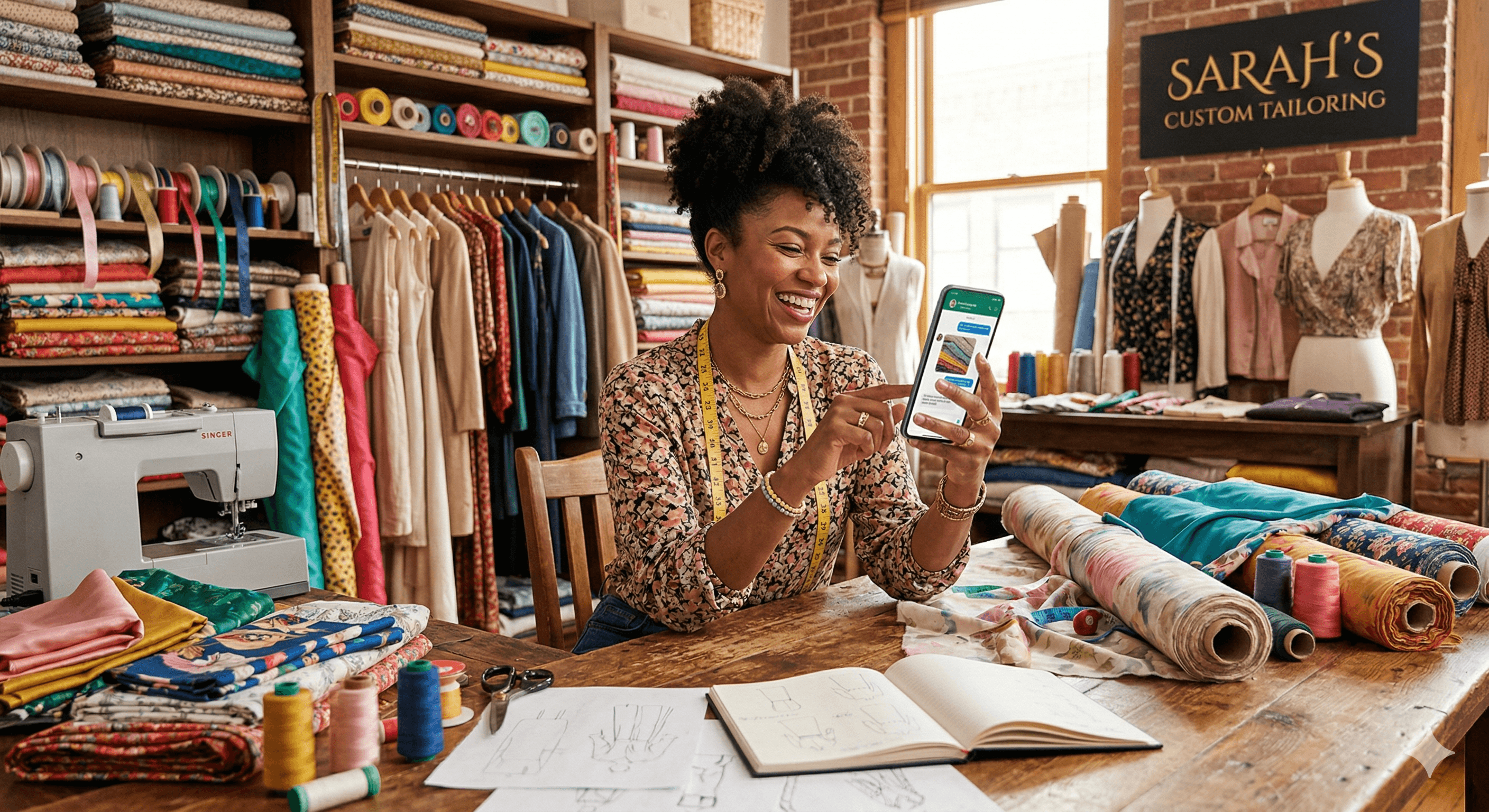 Woman in a beige turtleneck by an old computer and TV, retro 80s office portrait.