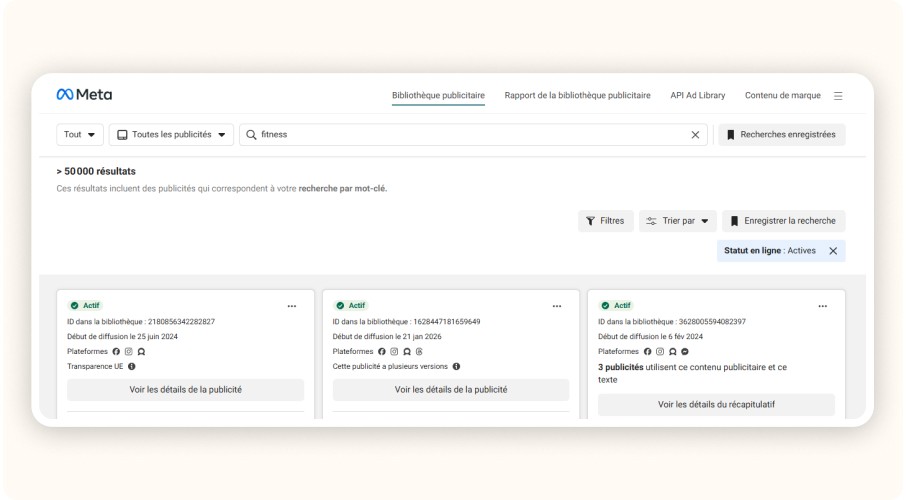Résultats de recherche fitness dans la bibliothèque publicitaire Meta affichée.