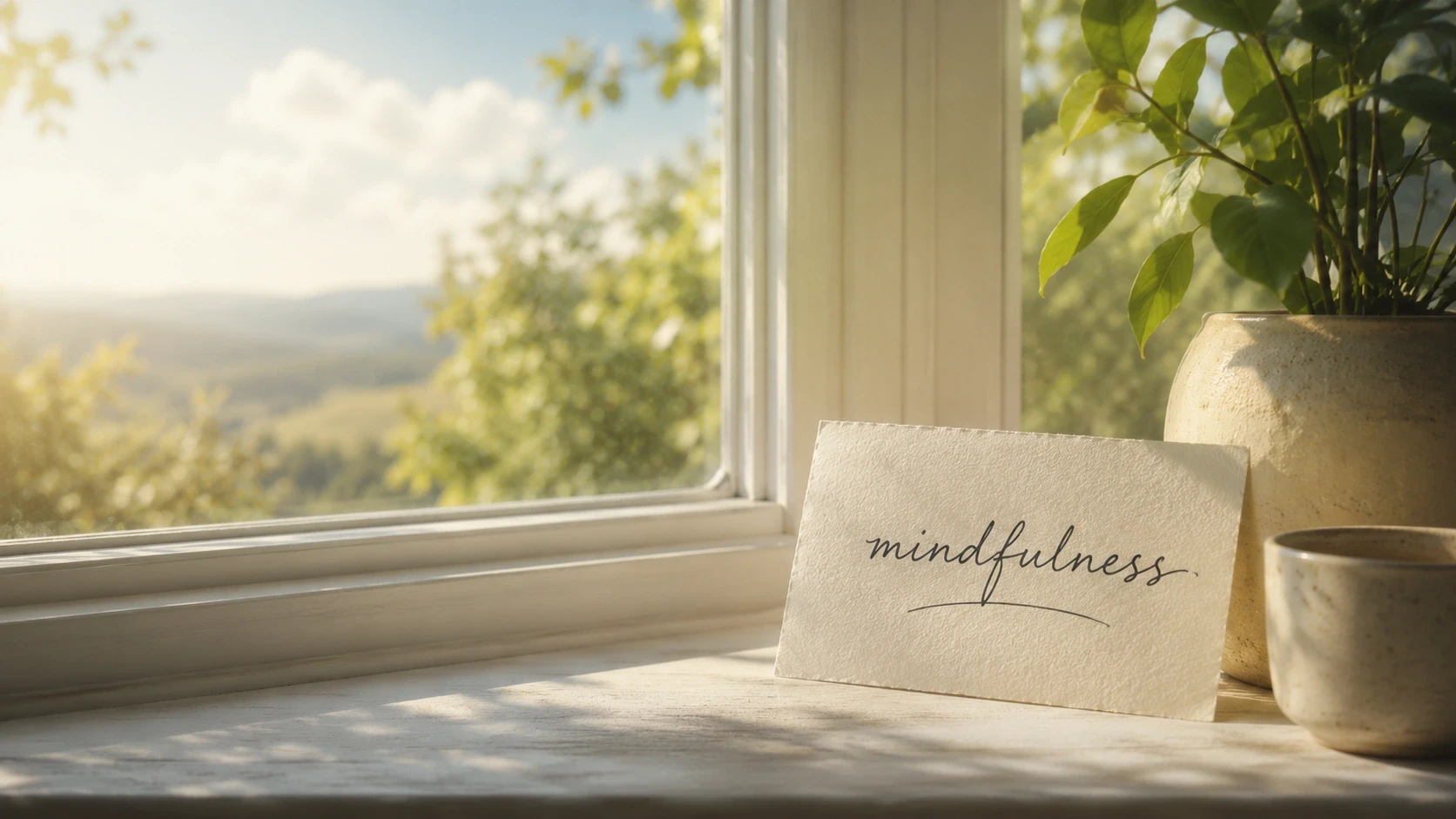 A handwritten note reading “mindfulness” on a windowsill.