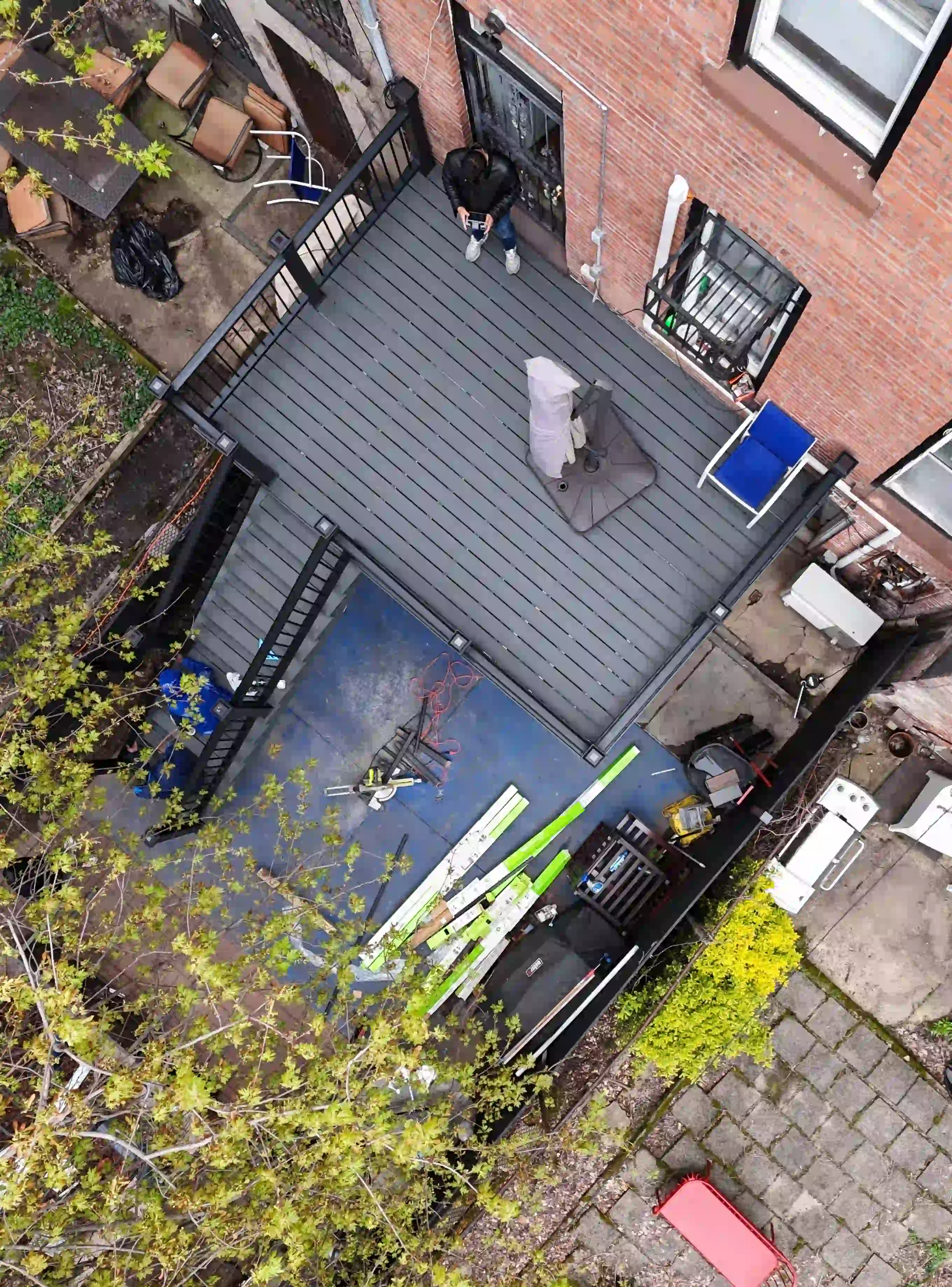 Drone View of a backayrd Trex Clam Shell Deck in Bed-Stuy Brooklyn transformed by Jewel Construction