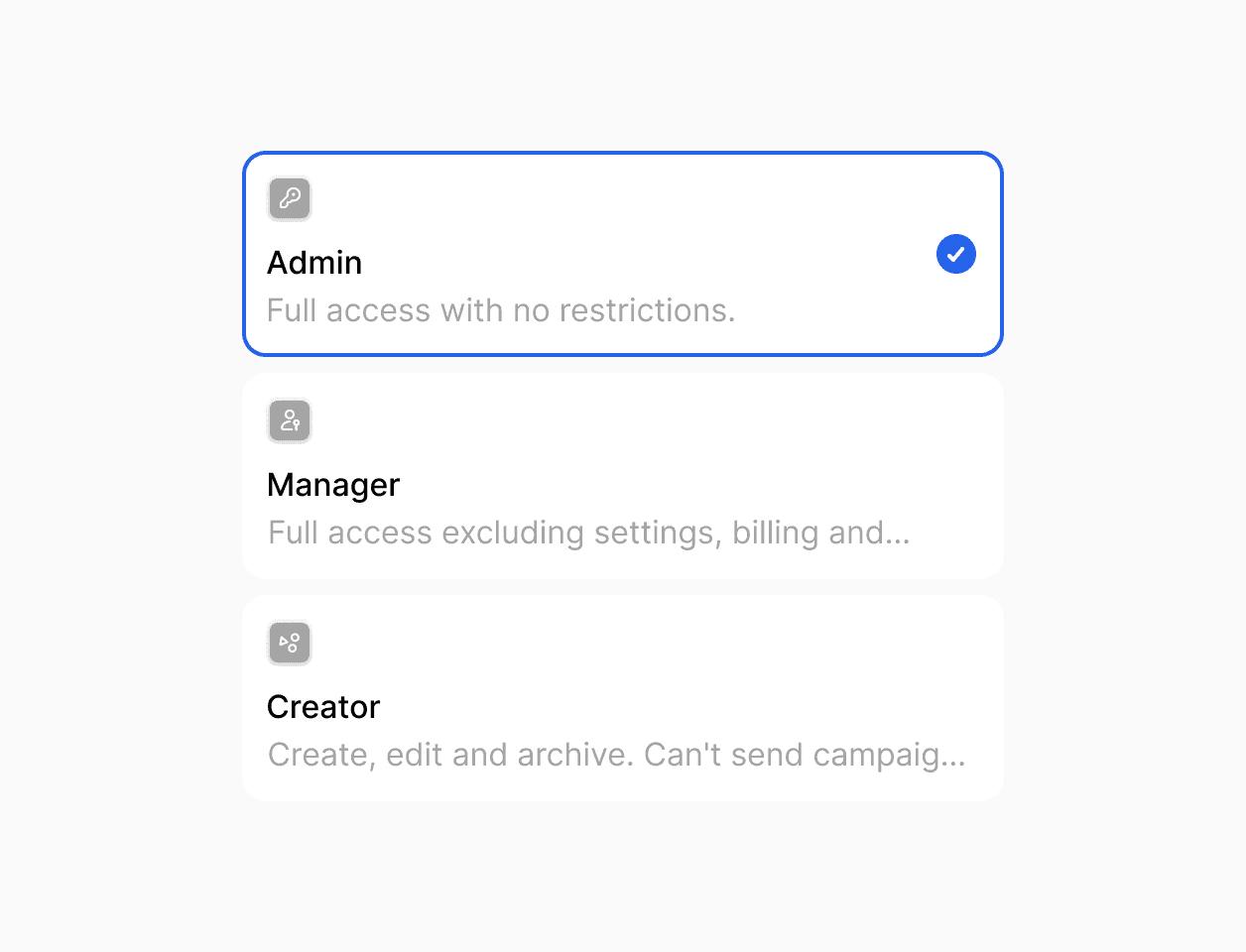 User interface for role-based permissions with options for Admin, Manager, and Analyst roles
