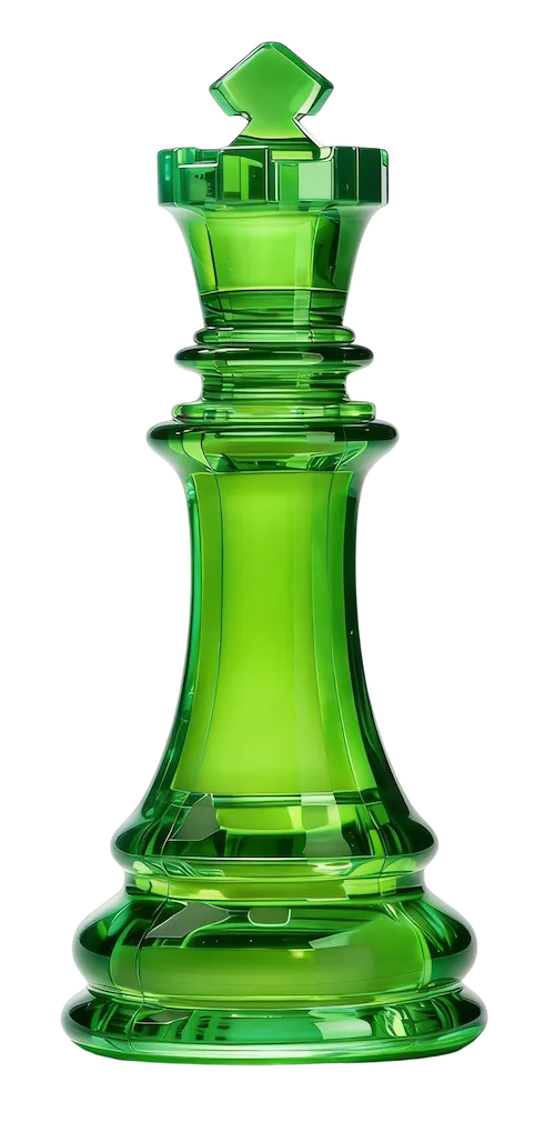 Green glass chess king piece on black background
