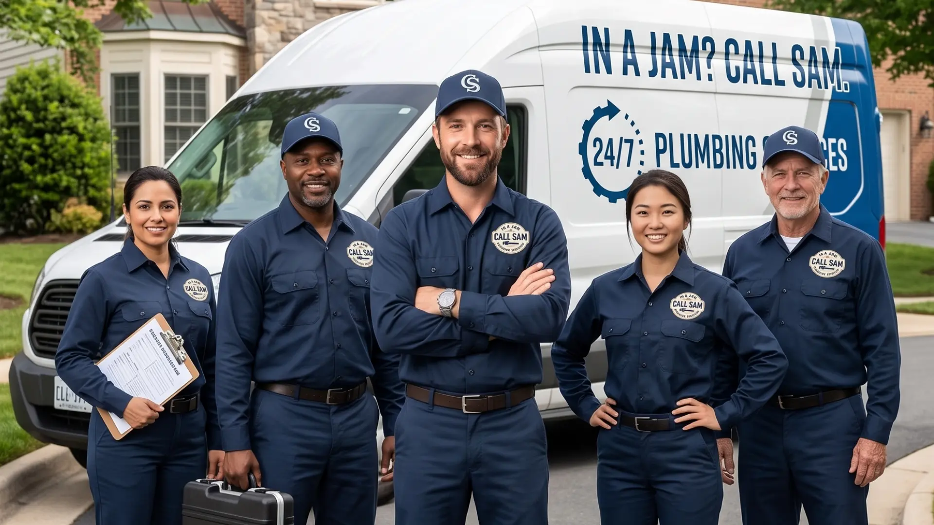 The dedicated team of licensed master plumbers at In A Jam Call Sam standing in front of a company service van, providing trusted plumbing services in Northern Virginia since 2000.