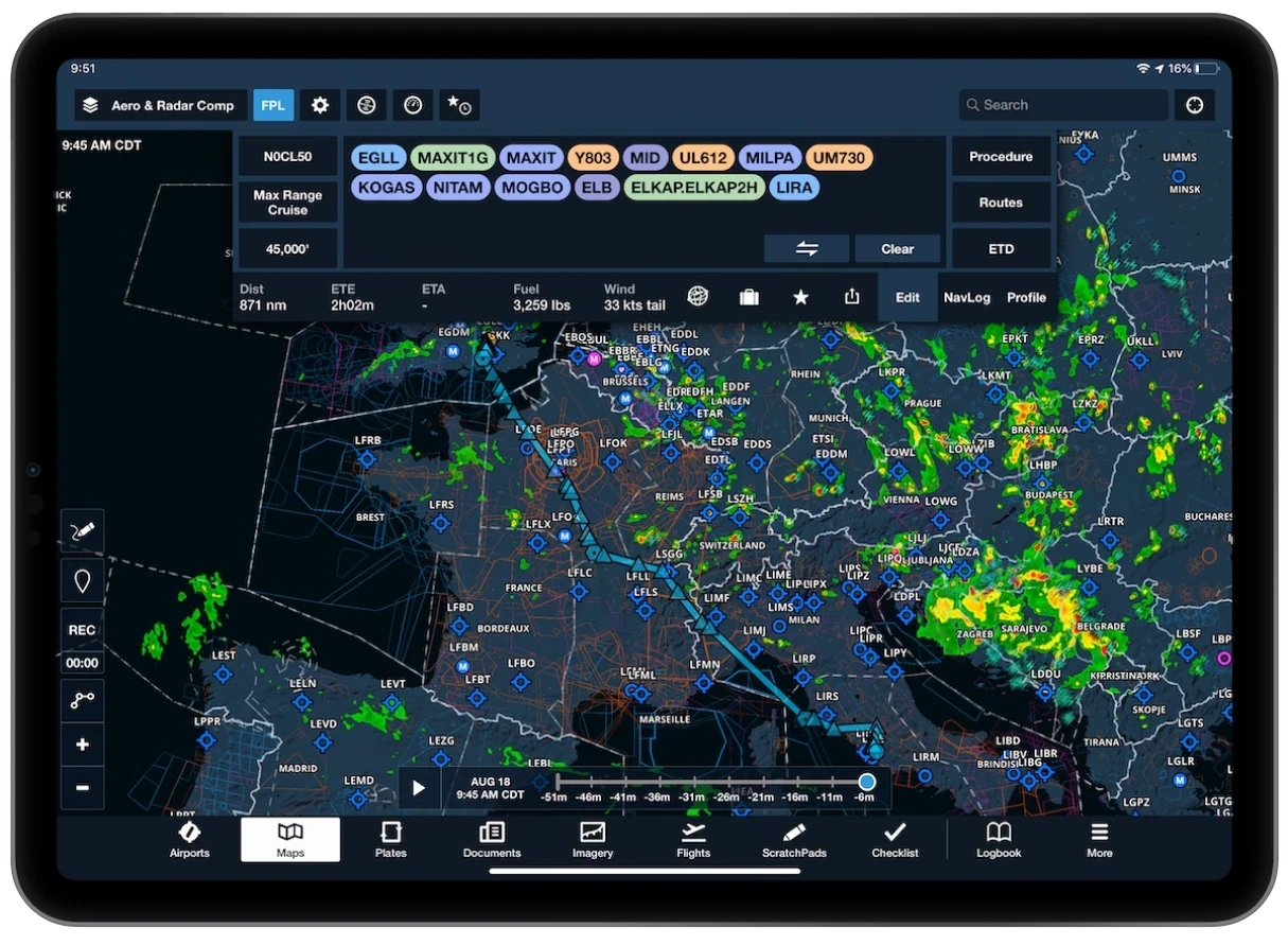 ForeFlight map on a tablet