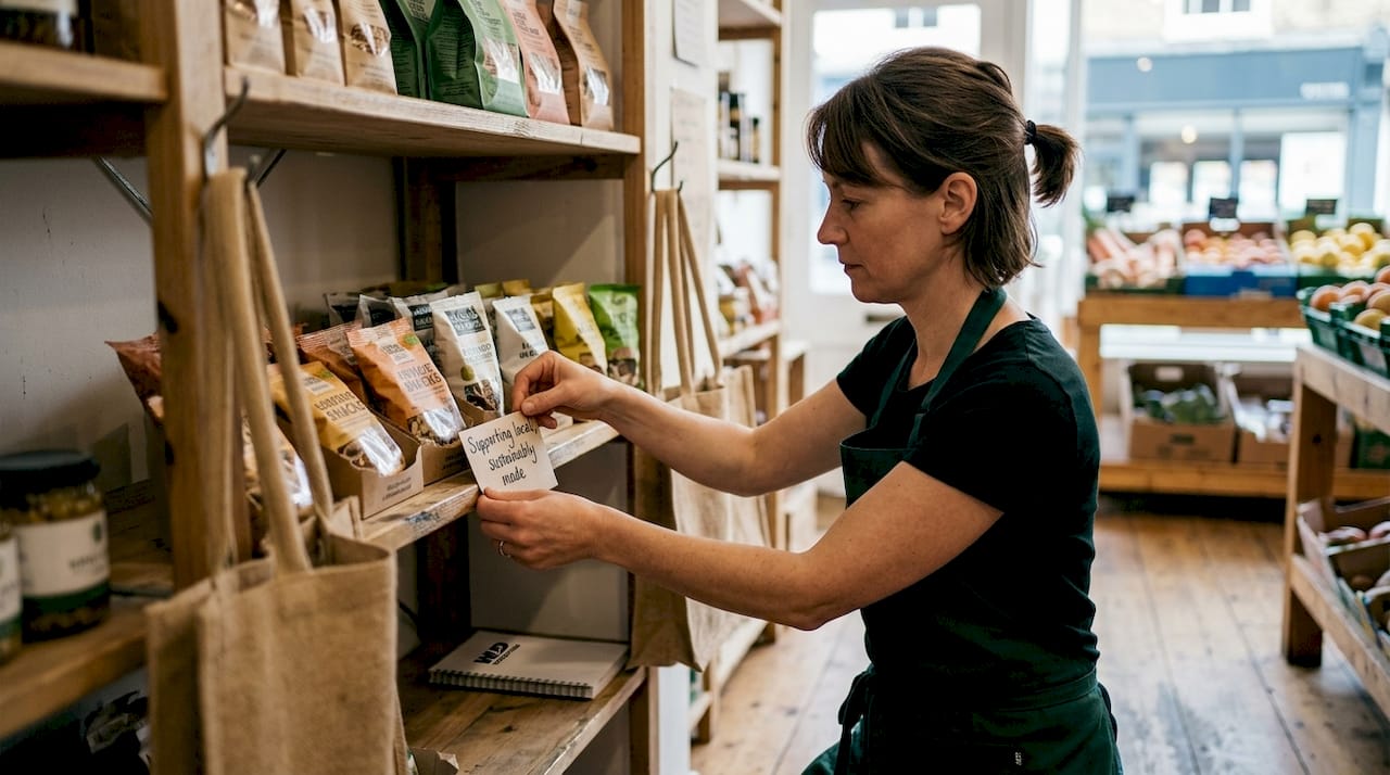 Store assistant arranging sustainable snacks on shelf