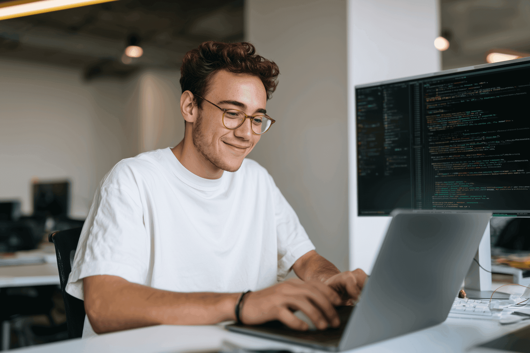 Developer smiling while looking at his laptop