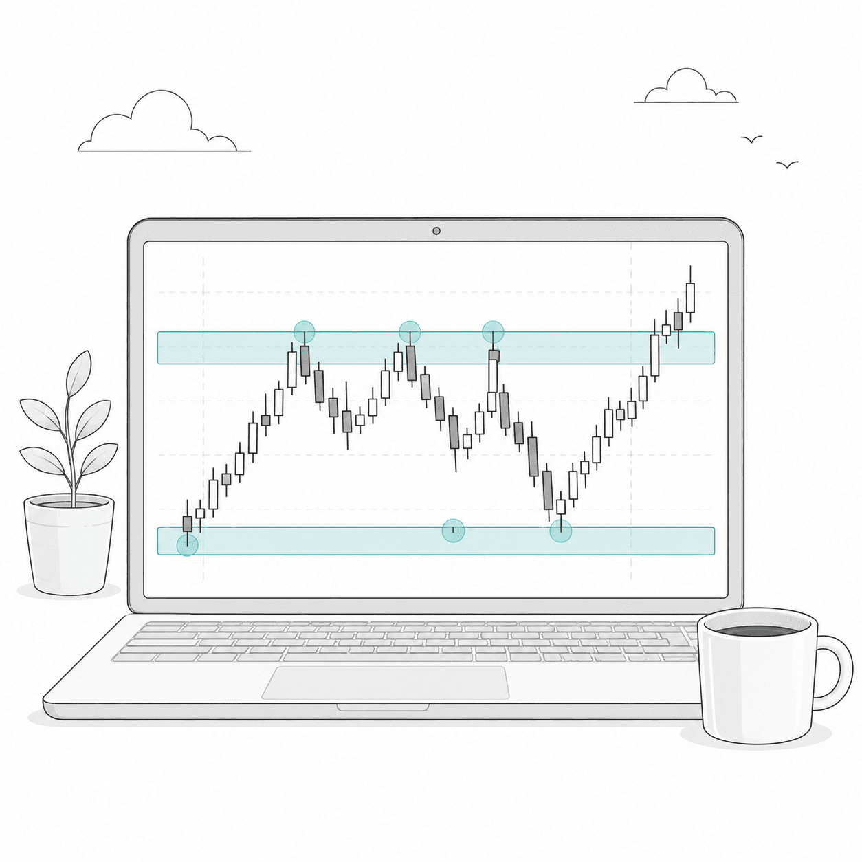 Laptop with a trading chart showing support and resistance zones.