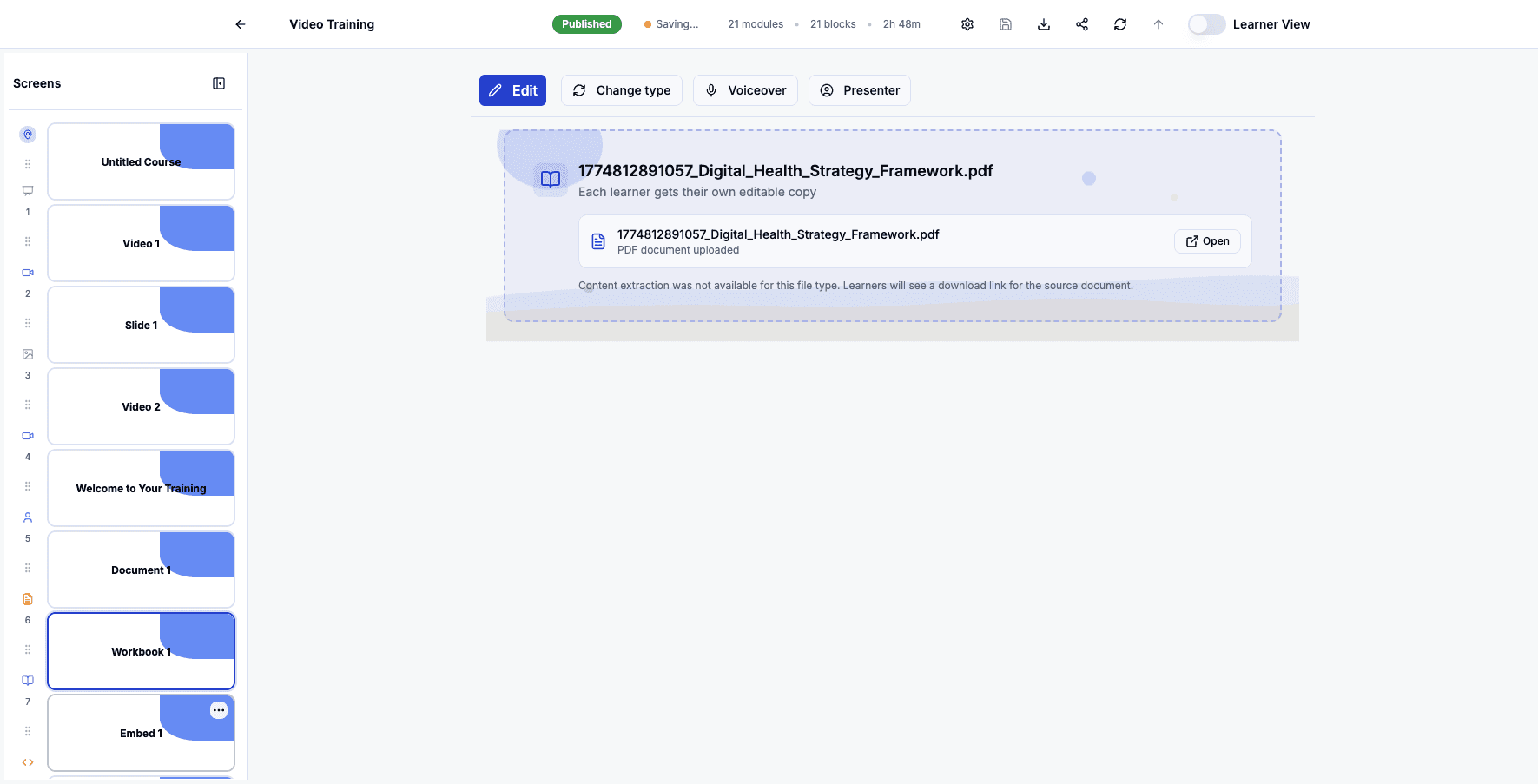 Click the Embed 1 screen to edit this embedded content block.