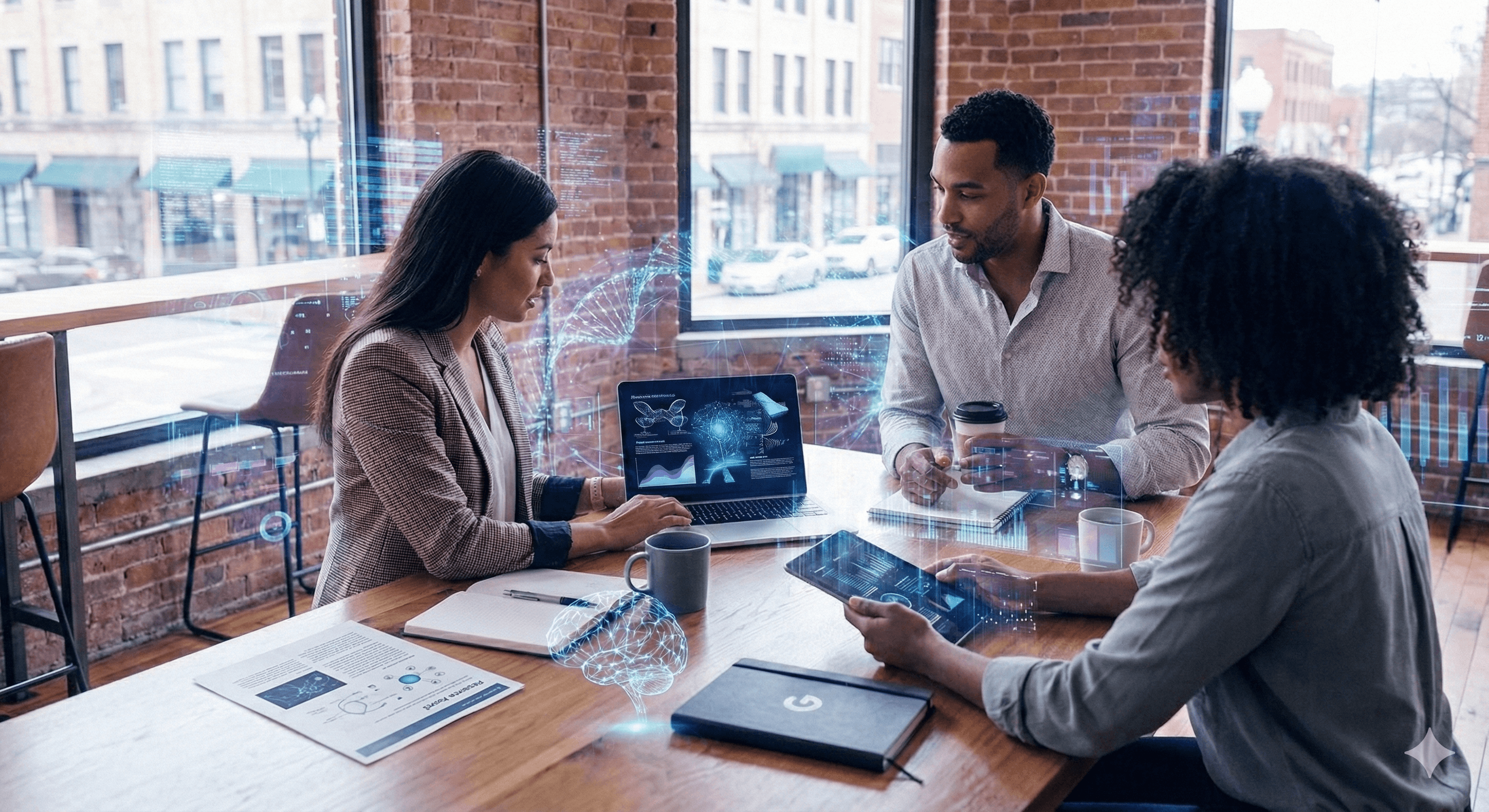 A diverse group of three professionals in casual attire discuss productivity strategies at a wooden table in a modern office, with laptops and tablets in use, overlooking a city view from large windows, emphasizing collaboration and technology.