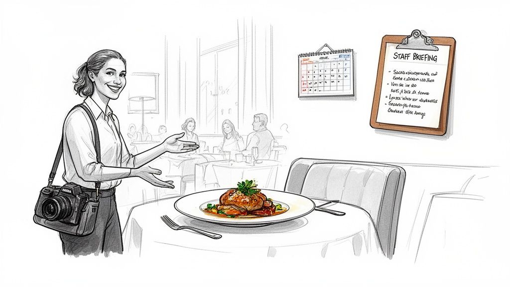 A smiling woman photographer in a restaurant presents a delicious dish on a table, ready for a photoshoot.