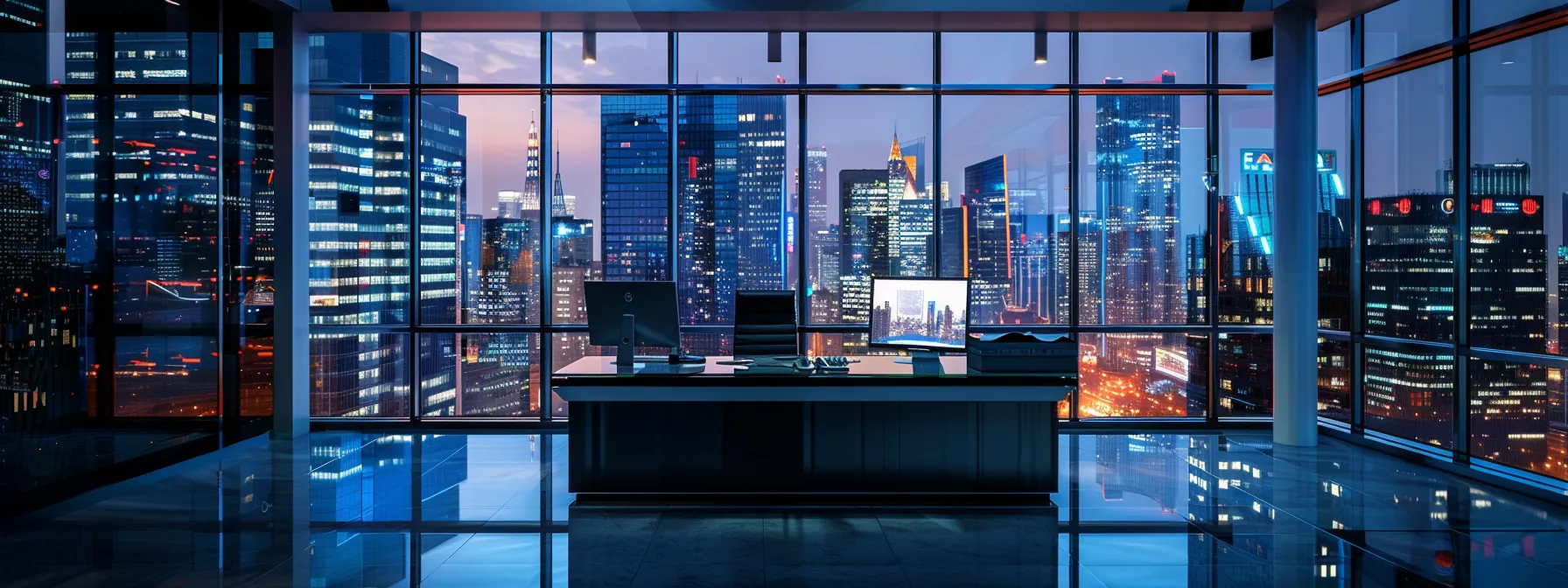 a sleek, modern office workspace features a polished glass desk adorned with a vibrant digital display, showcasing innovative technology in a vibrant urban high-rise setting under dynamic artificial lighting.