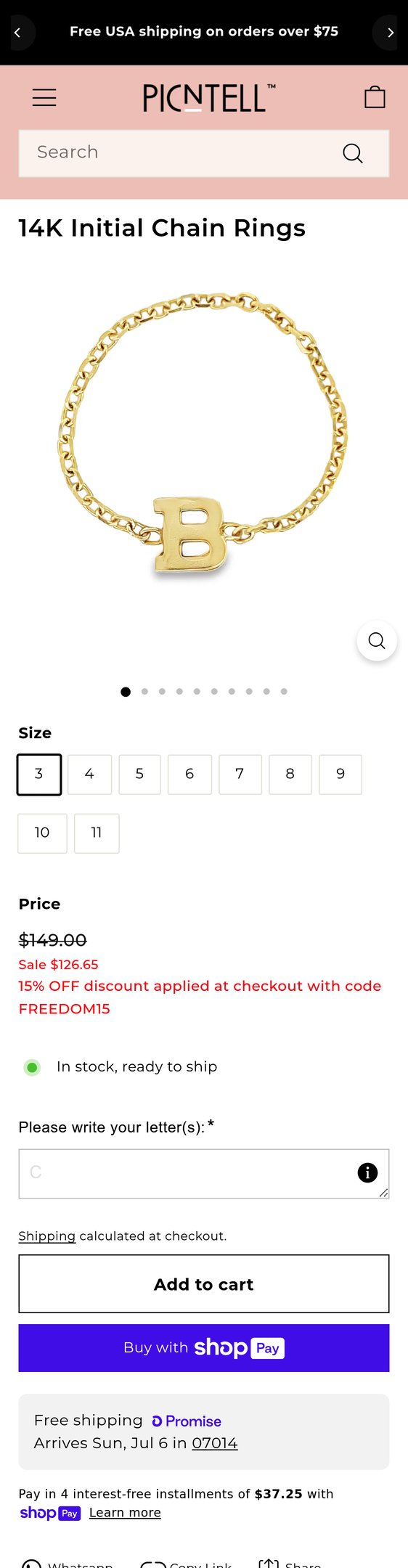 Jewelry product options include: ring, chain for 14K Initial Chain Rings from picntell.