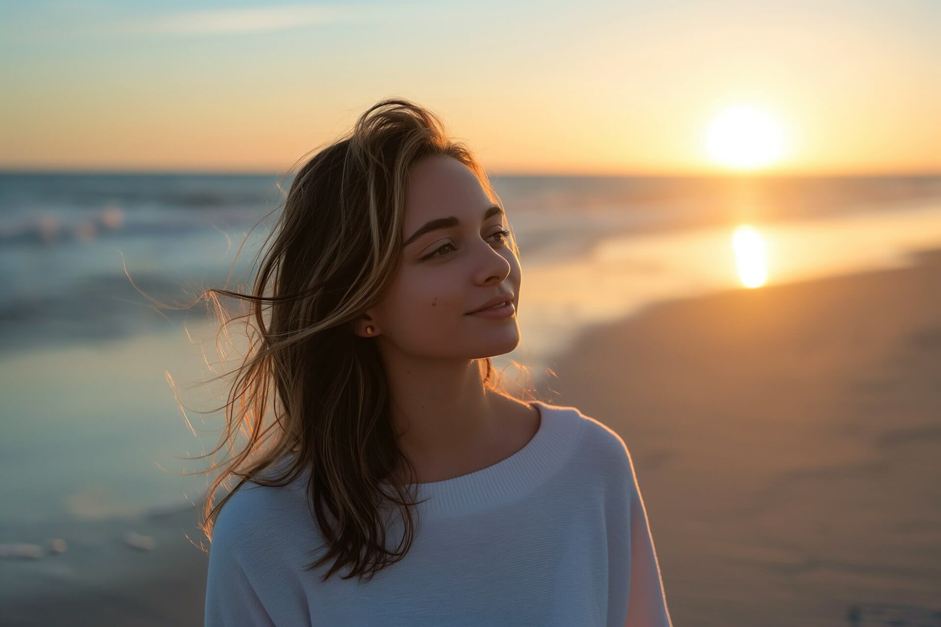 A woman stands on the beach, silhouetted against a vibrant sunset, capturing a moment of tranquility and beauty