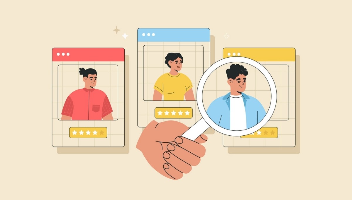 Illustration of three candidate profile cards with star ratings, as a magnifying glass highlights one—symbolizing modern recruitment tools and platforms that help recruiters evaluate and select top talent in 2026.