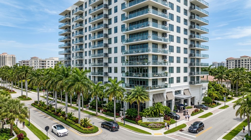 Boca Raton condo high-rise with individual AC condenser units on balconies
