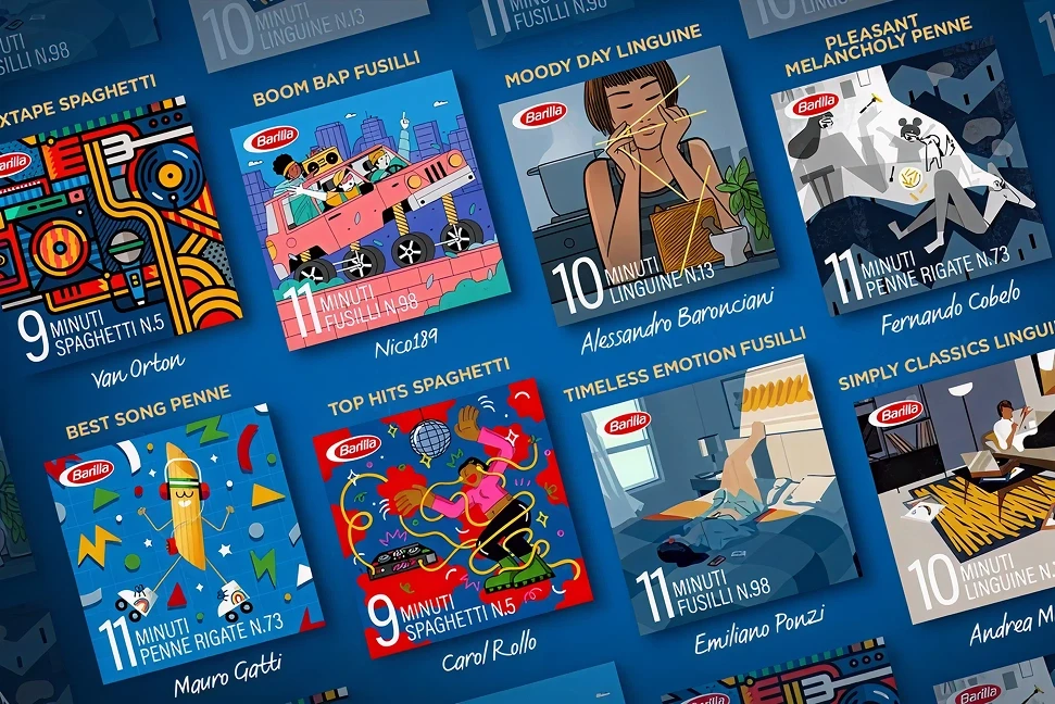 Barilla Playlist Timer Spotify campaign showing illustrated playlist covers including Mixtape Spaghetti, Boom Bap Fusilli, Moody Day Linguine and Best Song Penne, each timed to match pasta cooking durations, on a bold blue background
