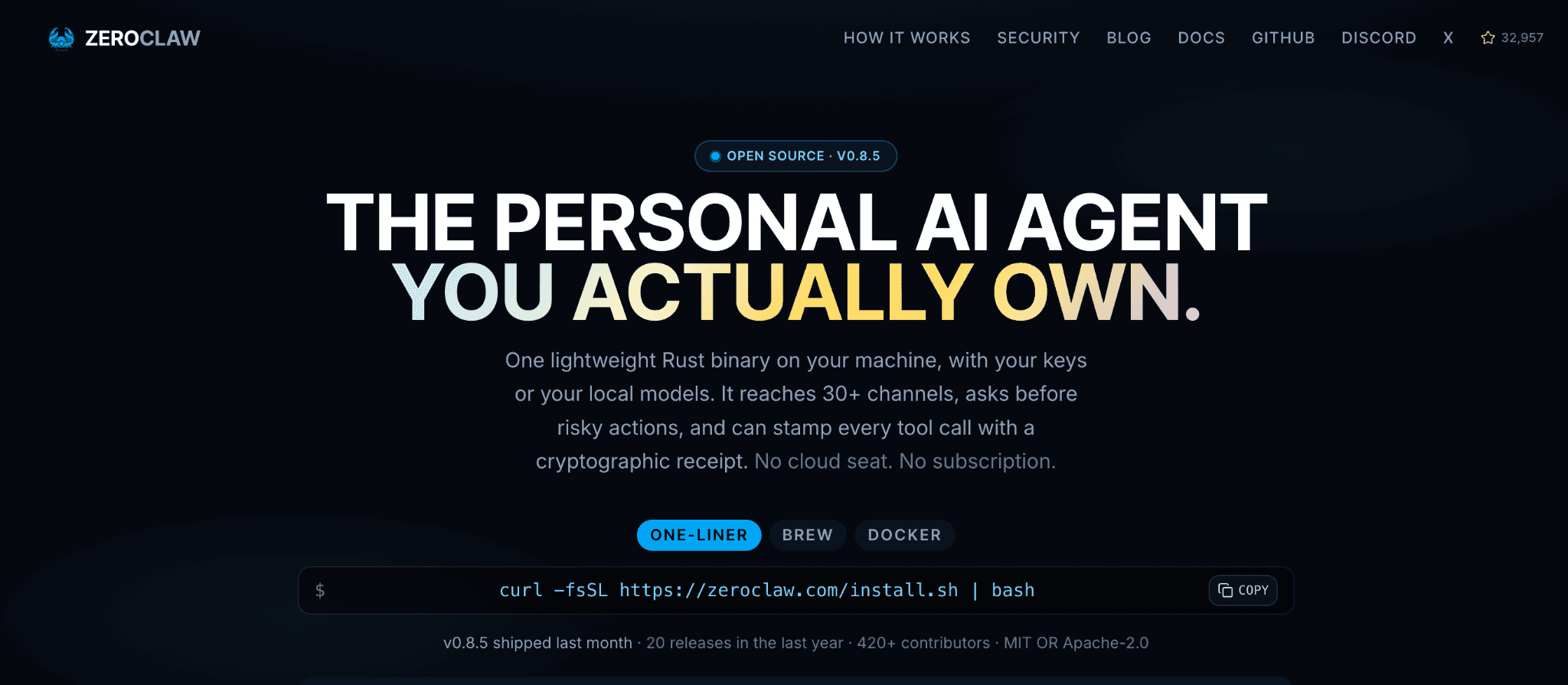 ZeroClaw homepage for its lightweight AI agent runtime built in Rust