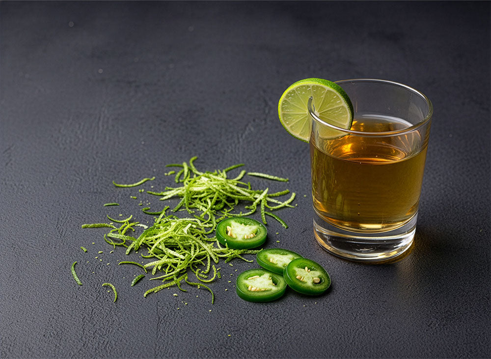 Glass of tequila with lime and jalapeño on a dark surface.
