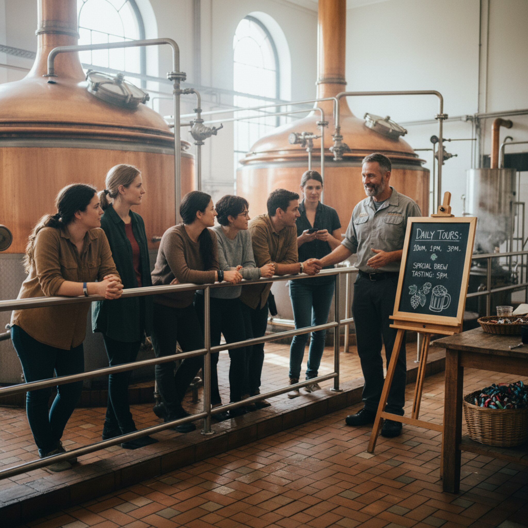 Im Sudhaus zeigt ein Guide auf eine kleine Tafel mit Zeitplan, während die Gruppe sich um ein poliertes Geländer versammelt. Klare Lichtkegel strukturieren den Raum. Ein Korb mit Besucherbändern steht bereit. Die Szene wirkt geordnet und ruhig zugleich.