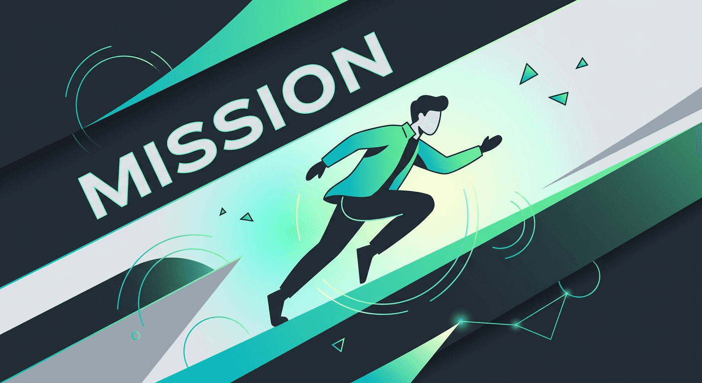 Illustration of a man running up a diagonal teal beam with MISSION text and geometric shapes on a dark background.