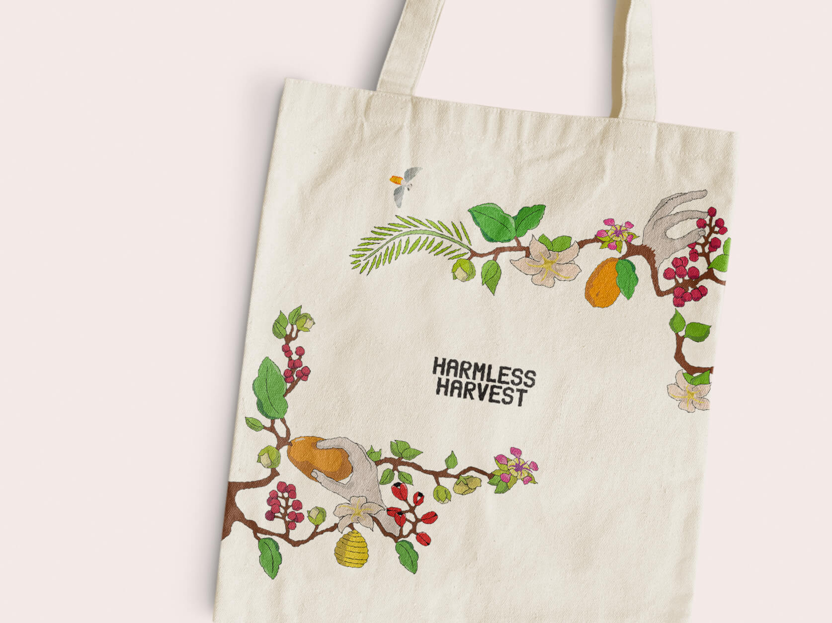 Silkscreened promotional tote featuring hand-made illustrations of fruits and leaves and birds.