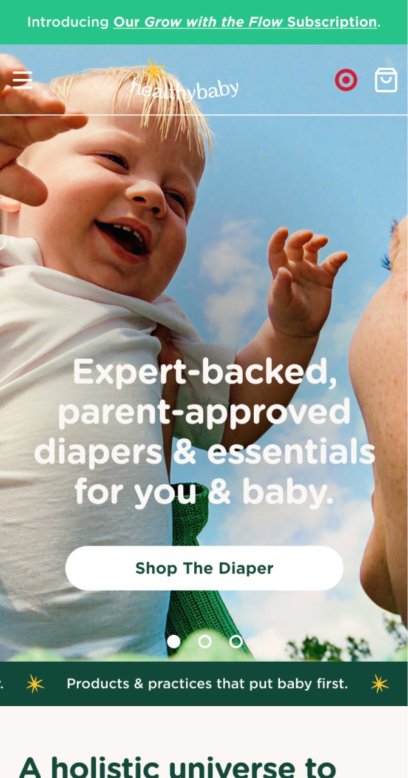 Mobile homepage hero highlighting expert-approved diaper subscription