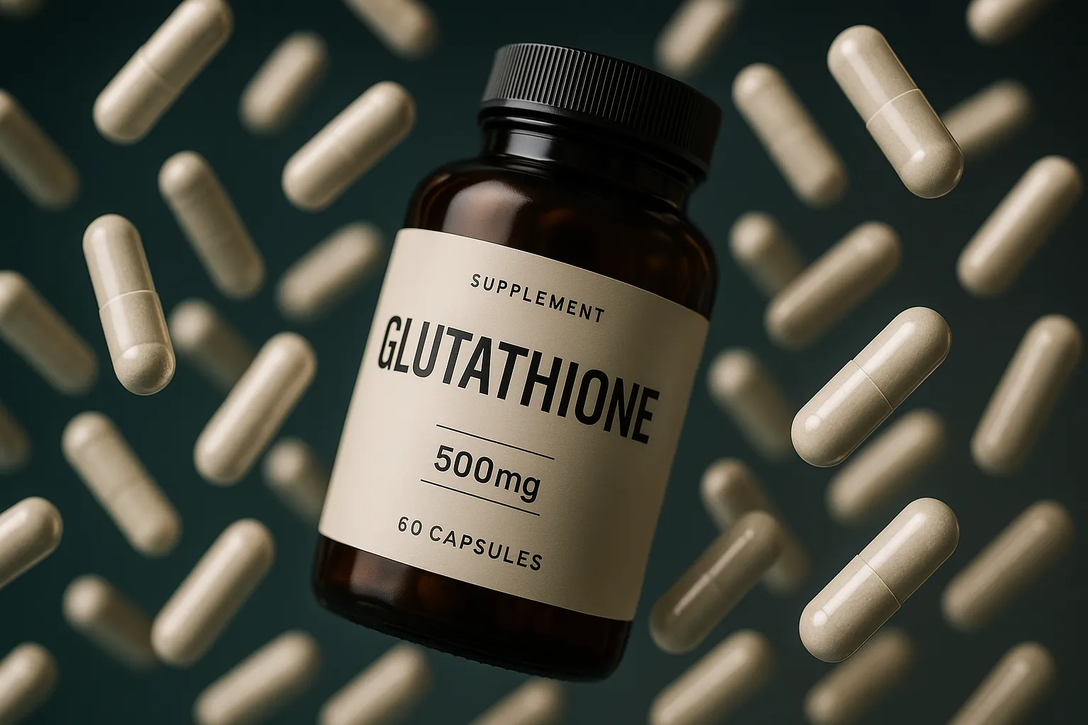 Floating glutathione capsules surrounding a tilted supplement bottle