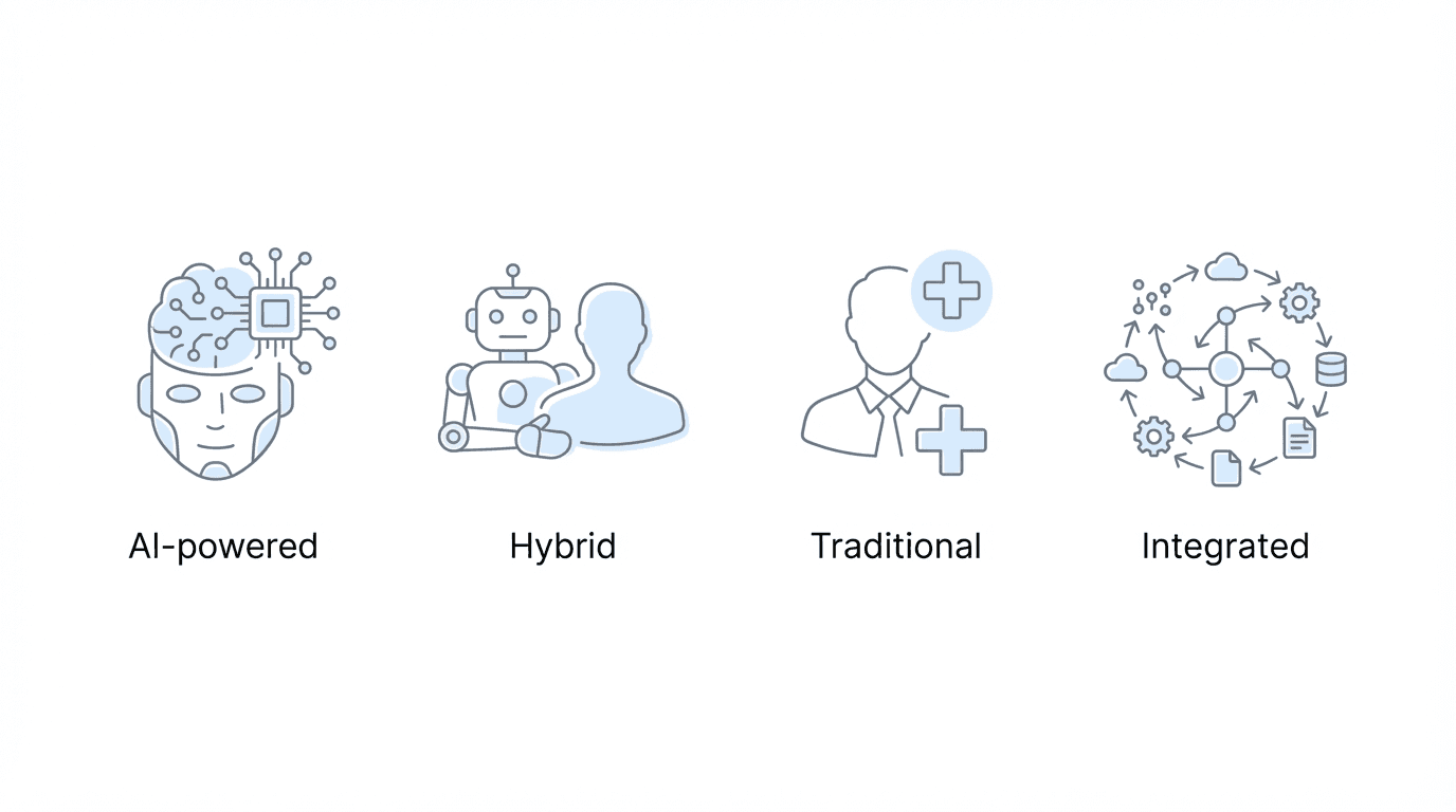 Four types of medical record review solutions: AI-powered, Hybrid, Traditional, and Integrated
