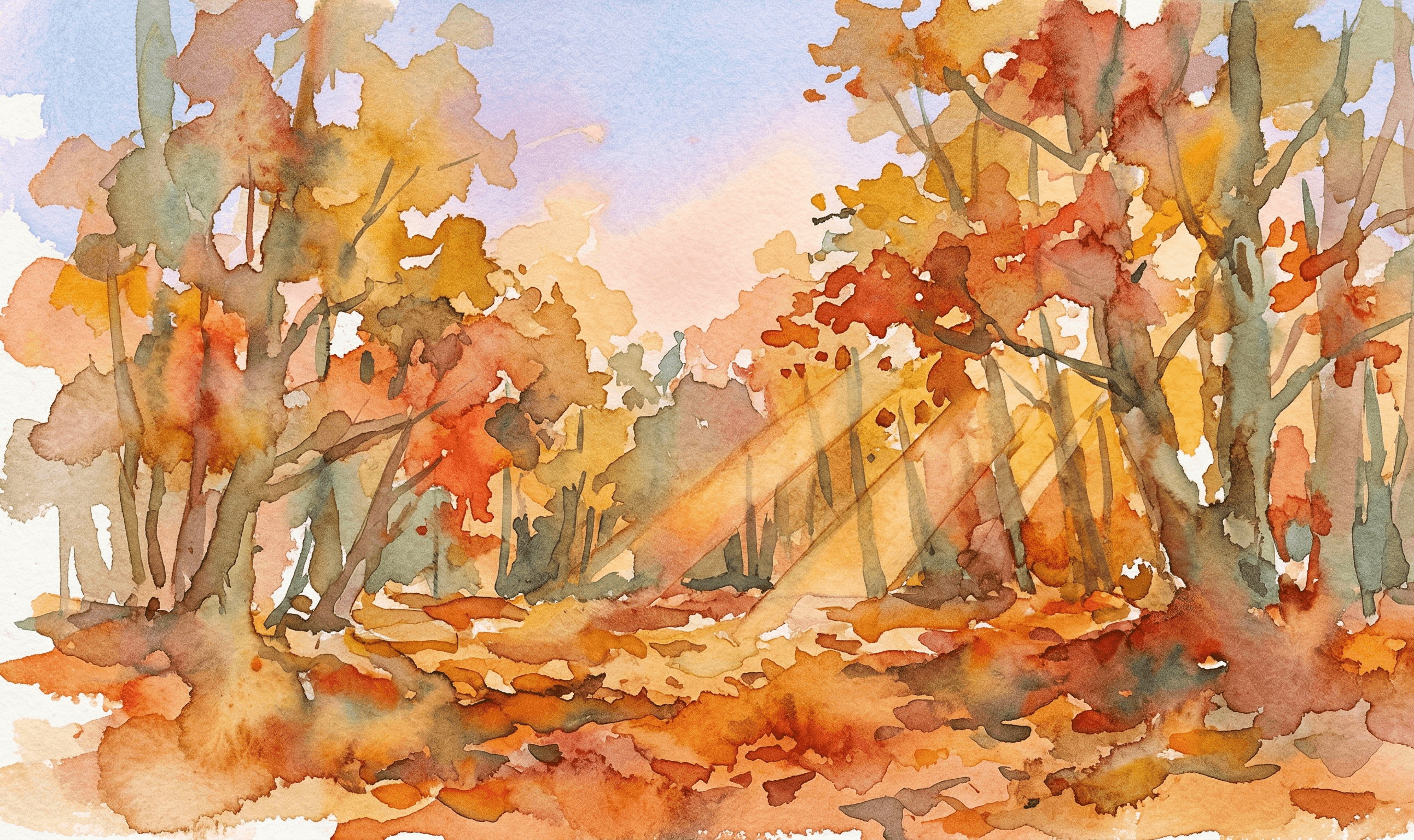 Watercolor autumn forest at peak color with golden light through the canopy
